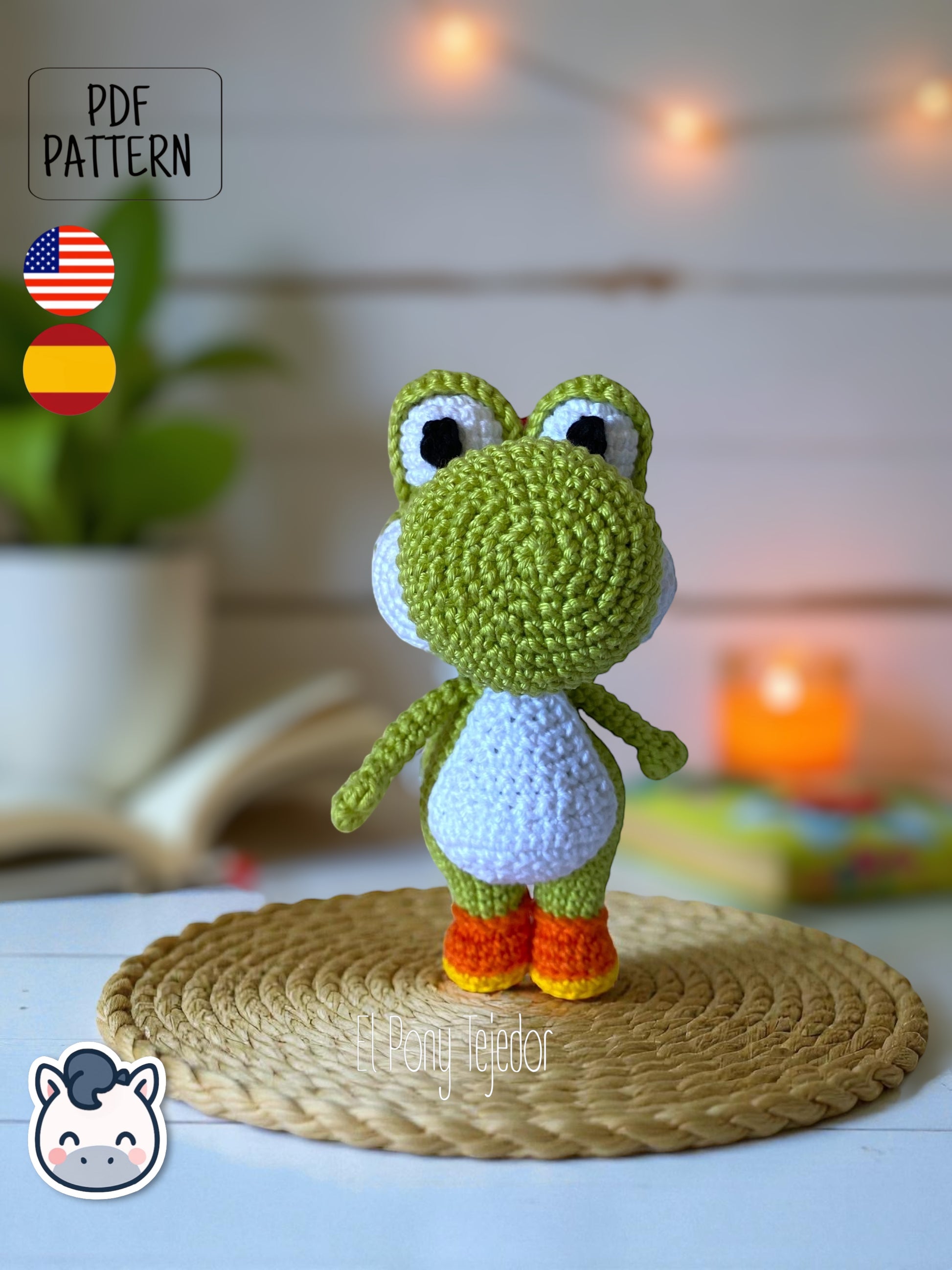 Handmade Yoshi amigurumi inspired by Nintendo’s Super Mario Bros, cute geek plush crochet pattern PDF. Perfect pattern for fans of Nintendo, Mario, and Mushroom Kingdom adventures.