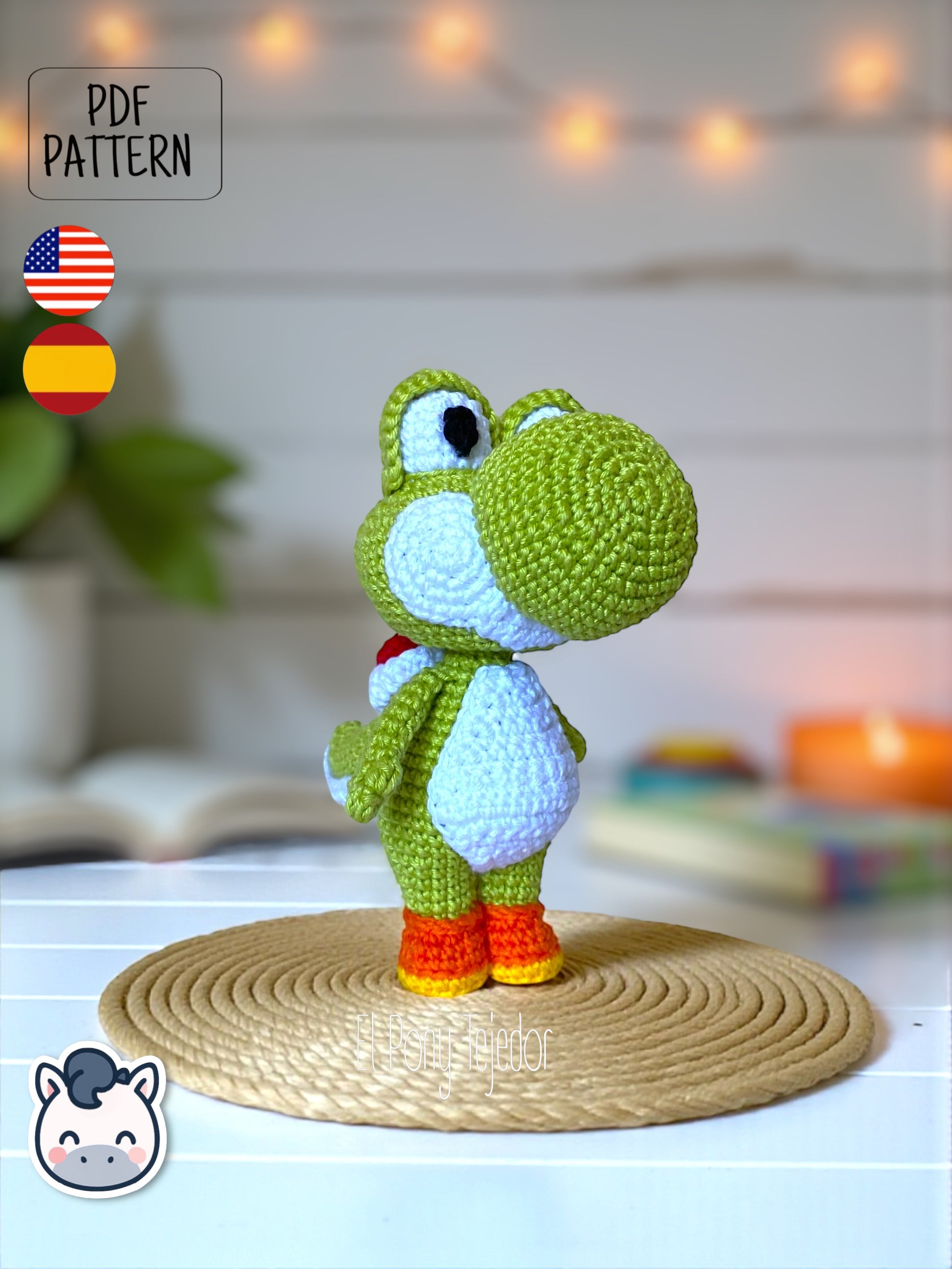 Handmade Yoshi amigurumi inspired by Nintendo’s Super Mario Bros, cute geek plush crochet pattern PDF. Perfect pattern for fans of Nintendo, Mario, and Mushroom Kingdom adventures.