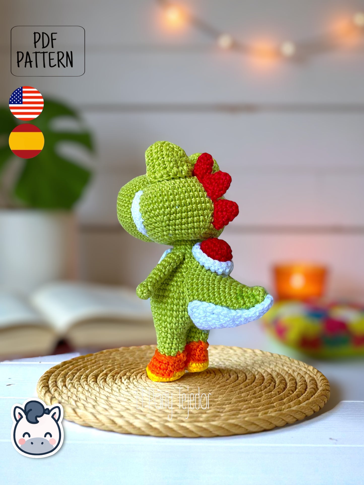 Handmade Yoshi amigurumi inspired by Nintendo’s Super Mario Bros, cute geek plush crochet pattern PDF. Perfect pattern for fans of Nintendo, Mario, and Mushroom Kingdom adventures.