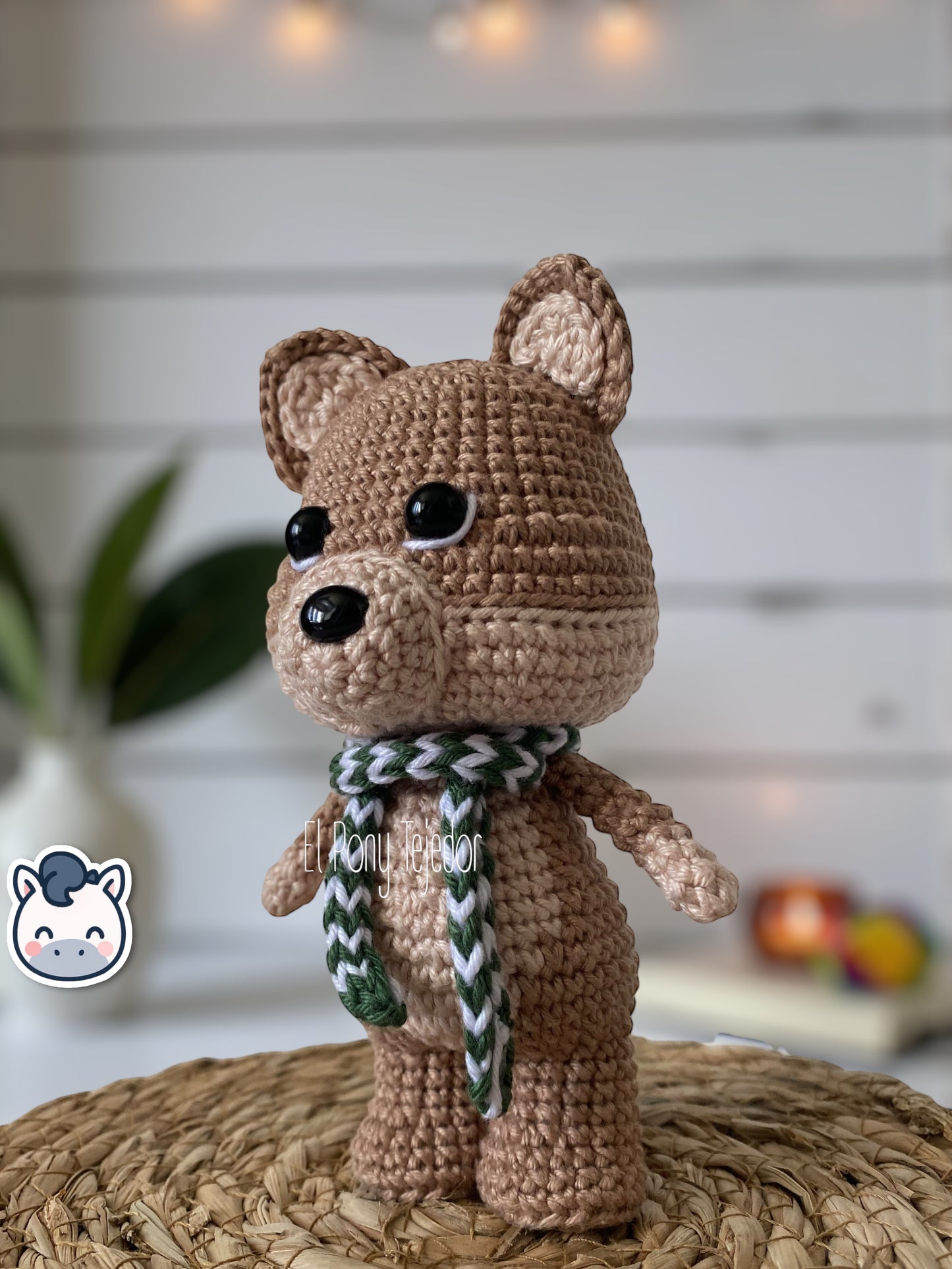 Handmade Winter Fox amigurumi with cozy Christmas colors, perfect for winter décor and holiday gifts.