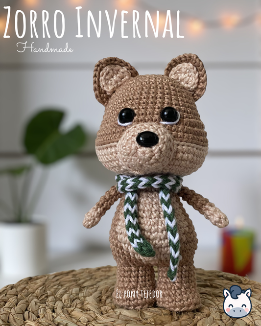 Handmade Winter Fox amigurumi with cozy Christmas colors, perfect for winter décor and holiday gifts.