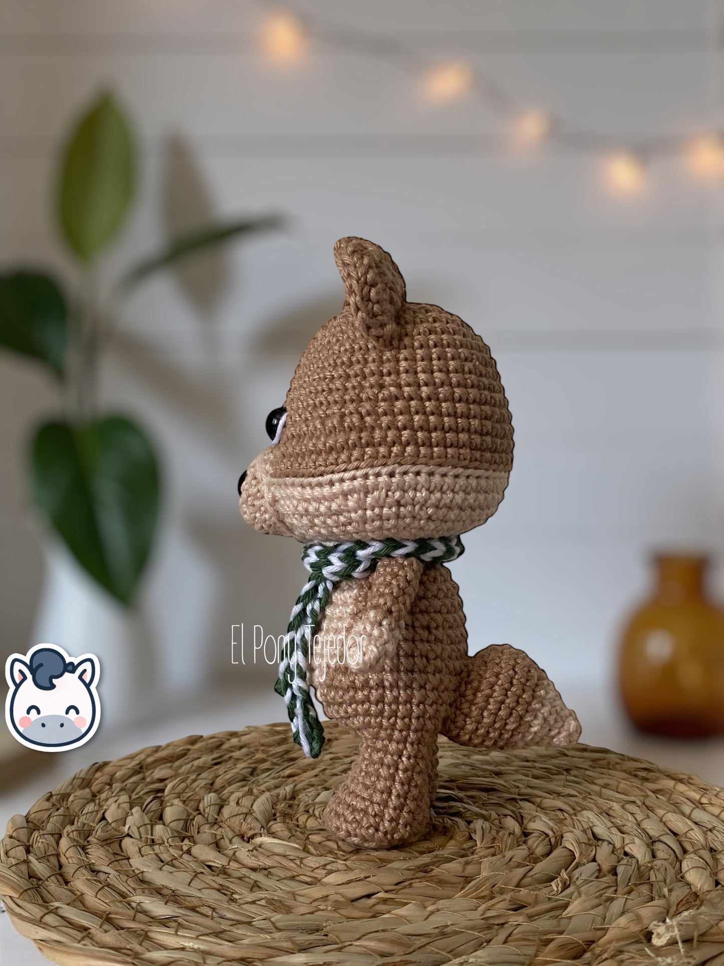 Handmade Winter Fox amigurumi with cozy Christmas colors, perfect for winter décor and holiday gifts.