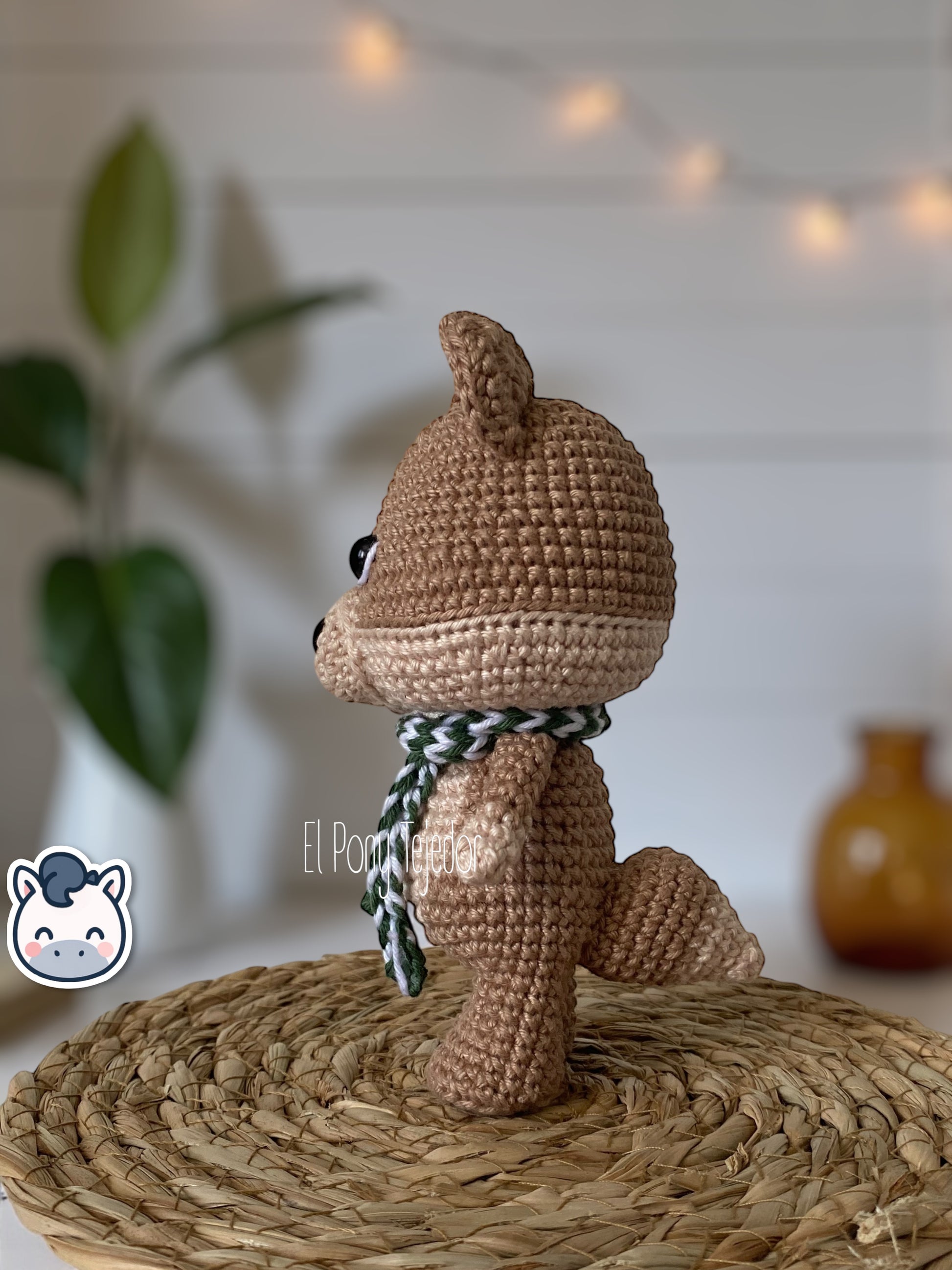 Handmade Winter Fox amigurumi with cozy Christmas colors, perfect for winter décor and holiday gifts.