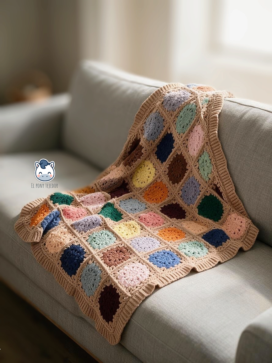 Granny Flowers crochet blanket with colourful floral squares and a beige ribbed border on a grey sofa.