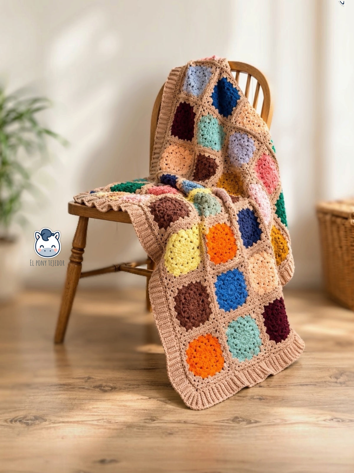 Granny Flowers crochet blanket with colourful floral squares and a beige ribbed border on a grey sofa.