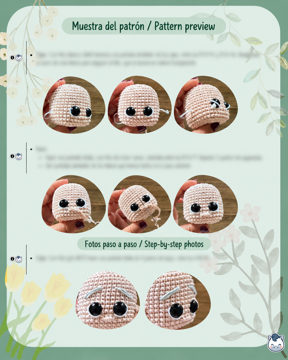 Muestra de un patrón de crochet de El Pony Tejedor con fotografías paso a paso de la elaboración de una cabeza de amigurumi e instrucciones difuminadas.