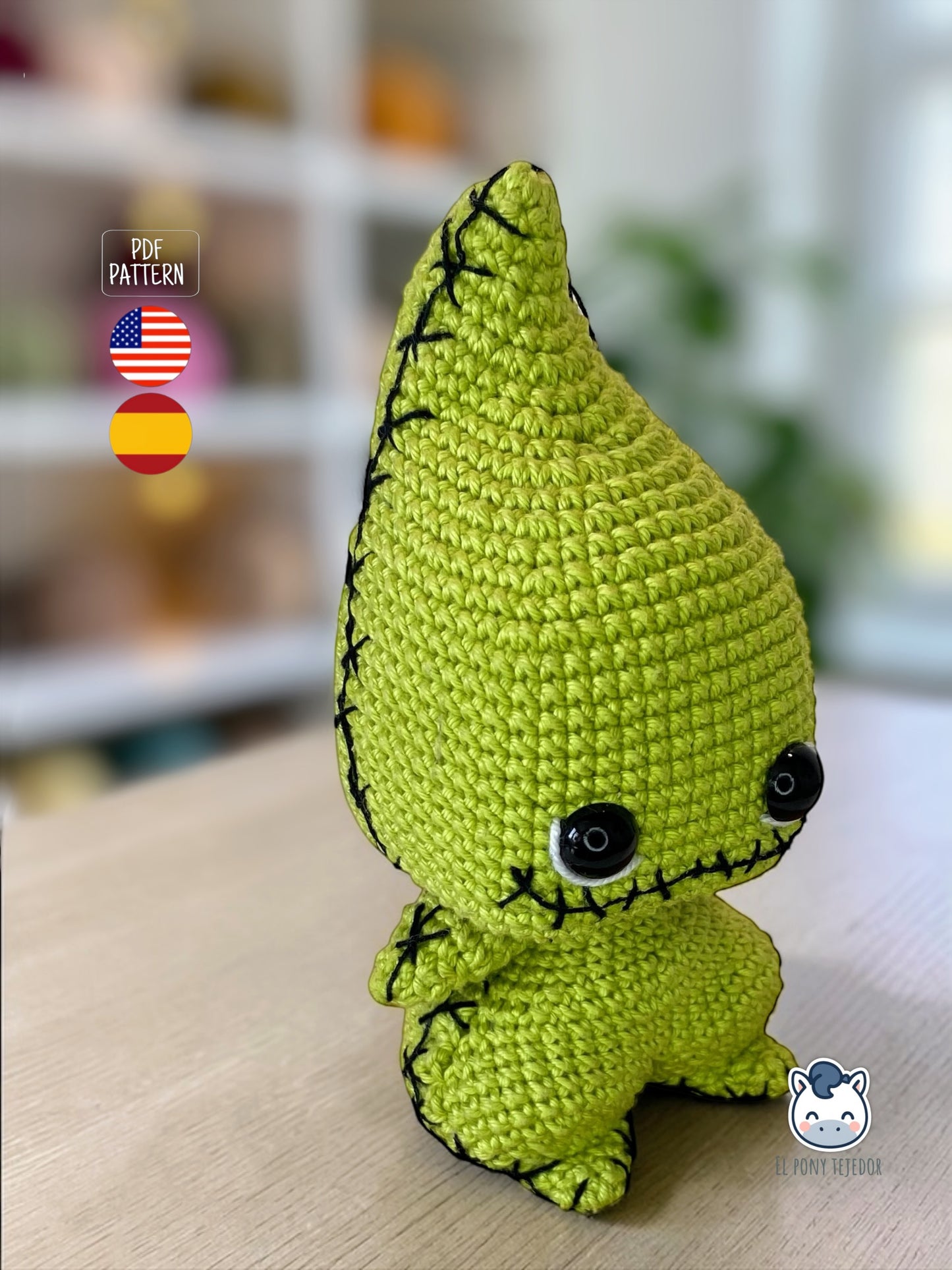 Amigurumi Baby Oogie Boogie inspirado en Pesadilla antes de Navidad, un patrón de crochet adorable y terrorífico perfecto para fans de Disney, Halloween y muñecos estilo geek.