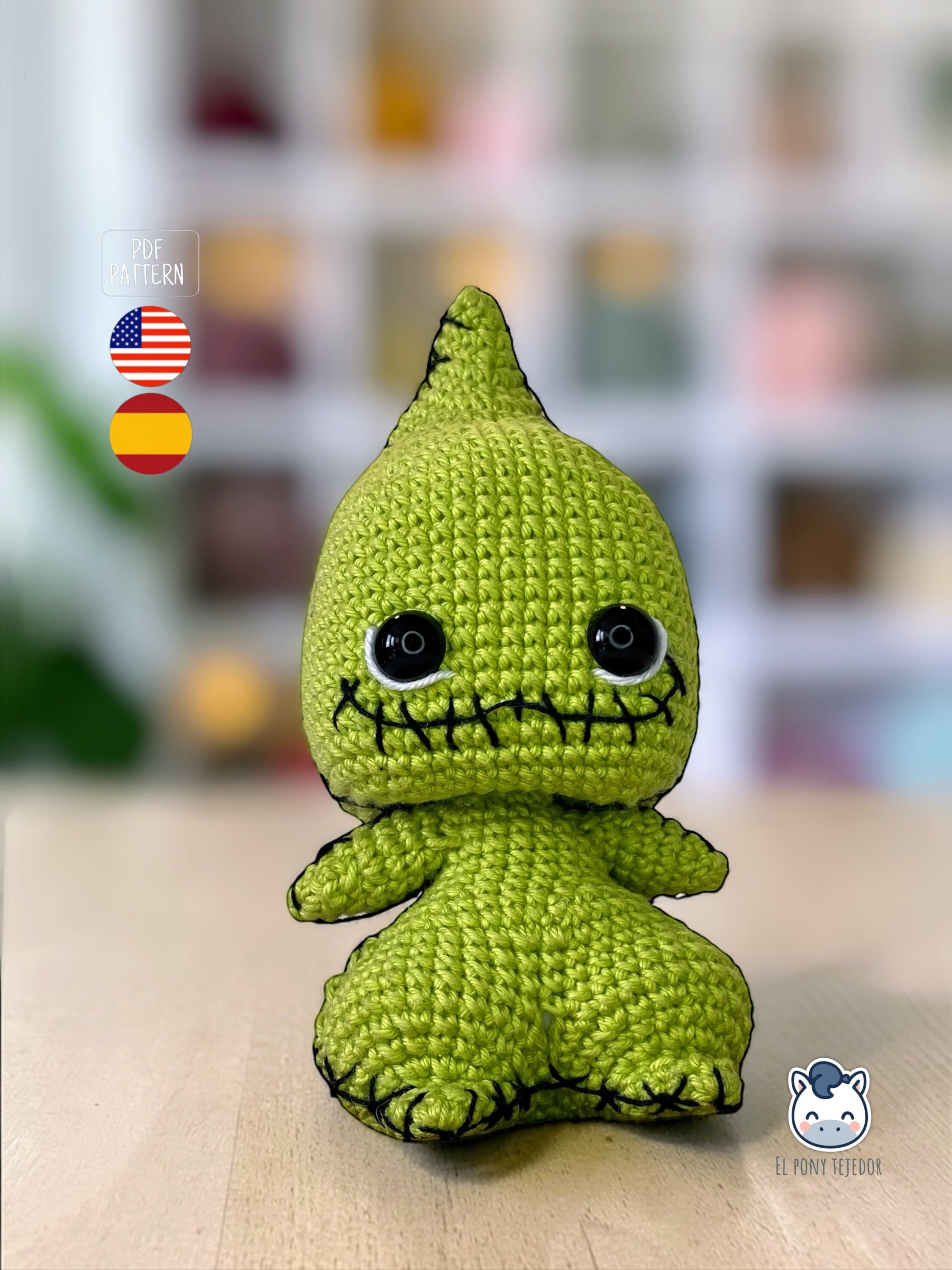Amigurumi Baby Oogie Boogie inspirado en Pesadilla antes de Navidad, un patrón de crochet adorable y terrorífico perfecto para fans de Disney, Halloween y muñecos estilo geek.