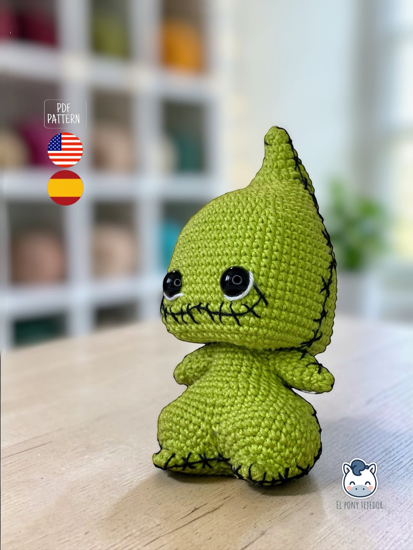Amigurumi Baby Oogie Boogie inspirado en Pesadilla antes de Navidad, un patrón de crochet adorable y terrorífico perfecto para fans de Disney, Halloween y muñecos estilo geek.