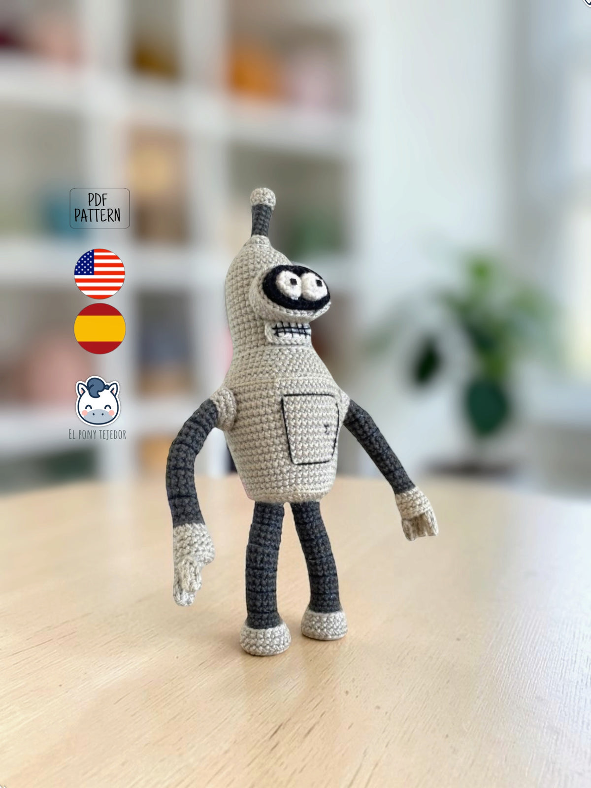 Handmade Bender crochet amigurumi inspired by Futurama, featuring his distinctive grey robot body, antenna, large eyes and square-toothed smile. PDF crochet pattern for Futurama fans, science fiction lovers and crochet character collectors.
