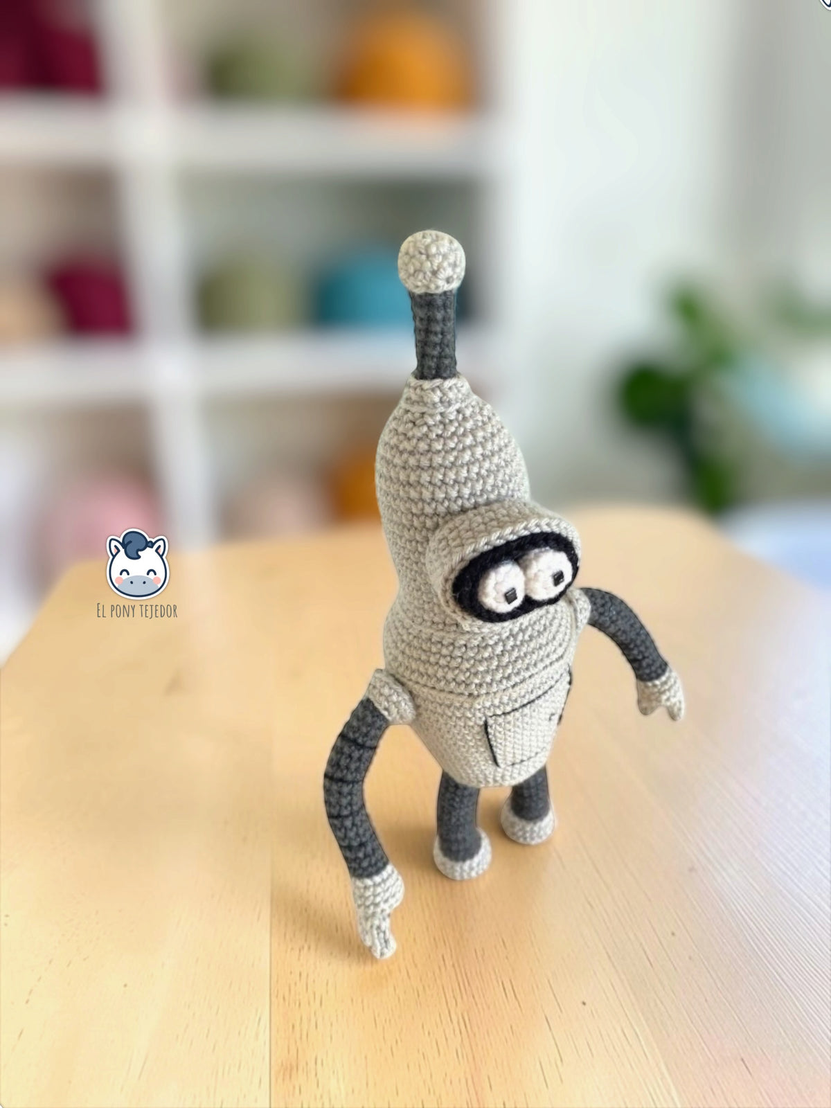 Handmade Bender crochet amigurumi inspired by Futurama, featuring his distinctive grey robot body, antenna, large eyes and square-toothed smile. PDF crochet pattern for Futurama fans, science fiction lovers and crochet character collectors.