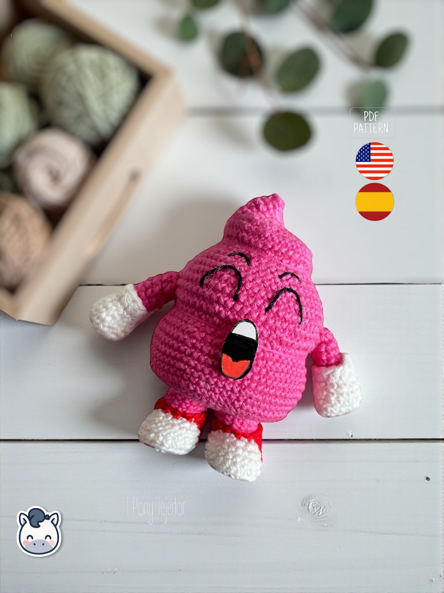 Amigurumi Caca Arale tejido a mano inspirado en Dr. Slump, un divertido patrón de ganchillo kawaii en PDF para fans del anime clásico.