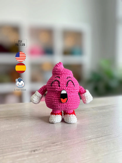 Amigurumi Caca Arale tejido a mano inspirado en Dr. Slump, un divertido patrón de ganchillo kawaii en PDF para fans del anime clásico.