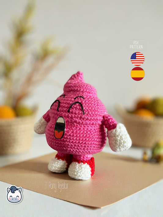 Amigurumi Caca Arale tejido a mano inspirado en Dr. Slump, un divertido patrón de ganchillo kawaii en PDF para fans del anime clásico.