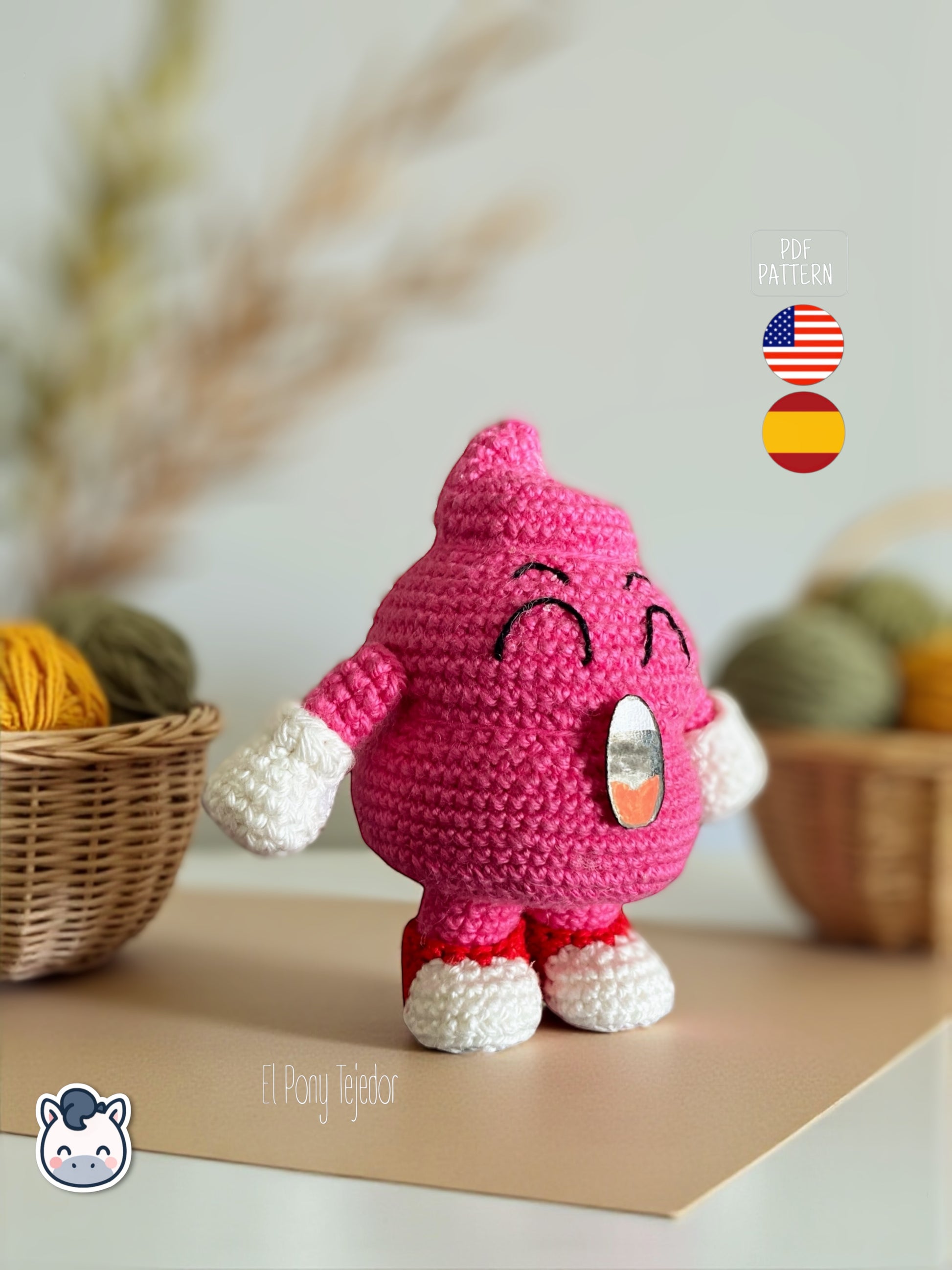 Amigurumi Caca Arale tejido a mano inspirado en Dr. Slump, un divertido patrón de ganchillo kawaii en PDF para fans del anime clásico.