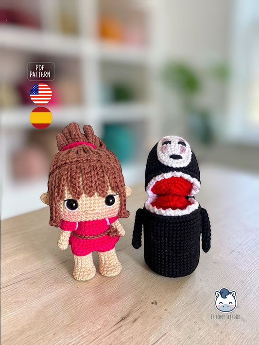 Handmade Chihiro and Kaonashi amigurumi inspired by Spirited Away, cute crochet pattern PDF for anime fans and Studio Ghibli lovers