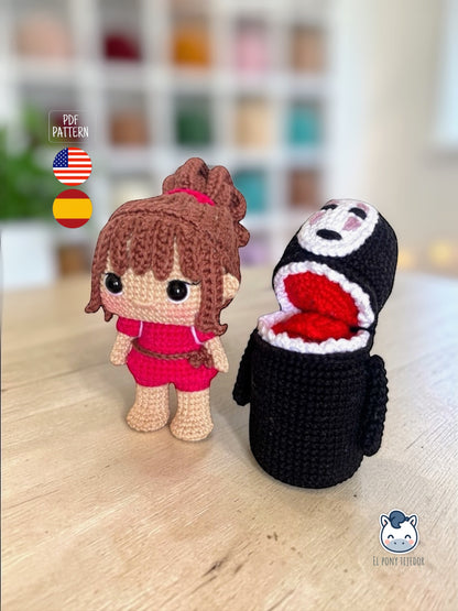 Handmade Chihiro and Kaonashi amigurumi inspired by Spirited Away, cute crochet pattern PDF for anime fans and Studio Ghibli lovers