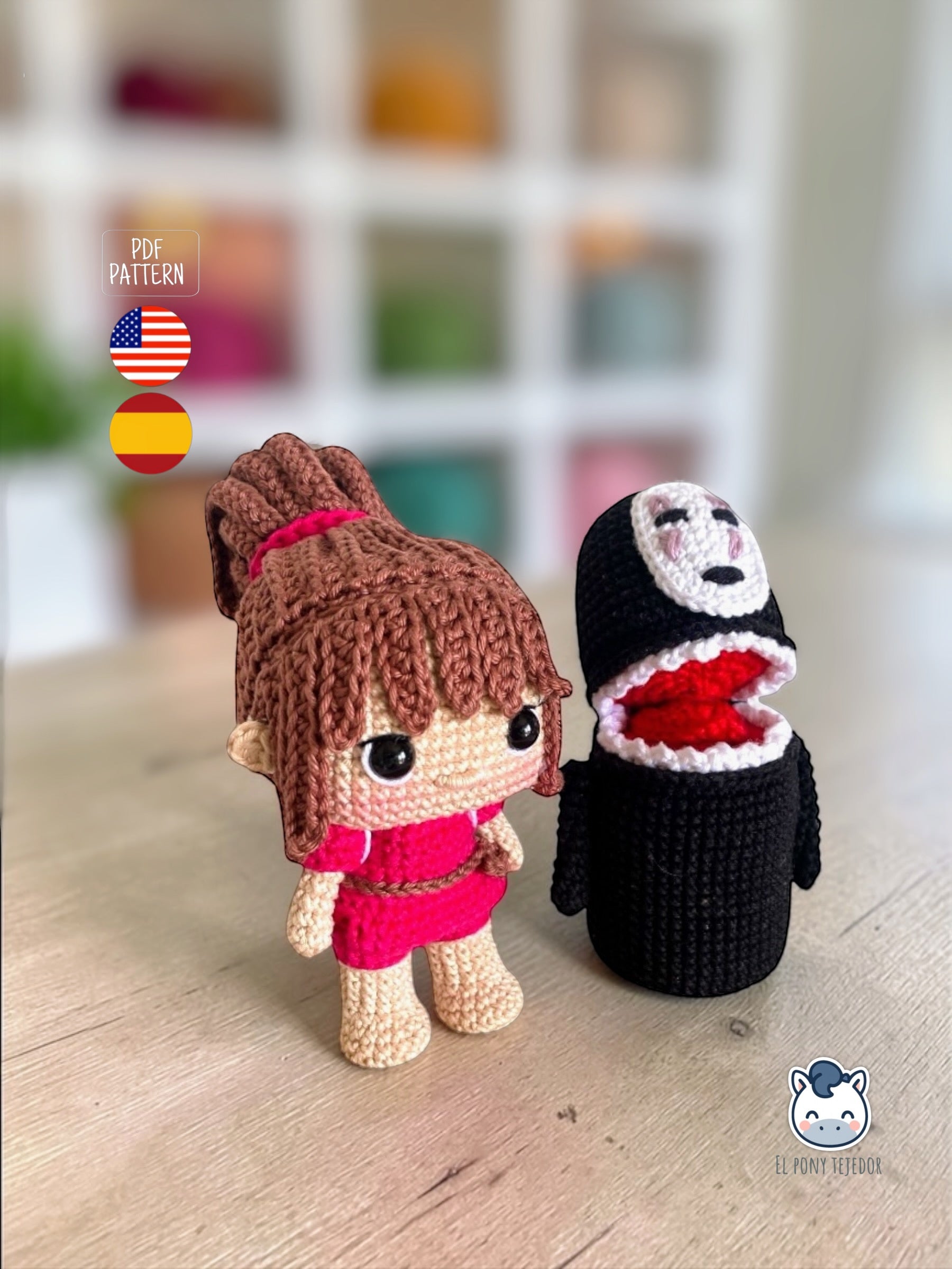 Handmade Chihiro and Kaonashi amigurumi inspired by Spirited Away, cute crochet pattern PDF for anime fans and Studio Ghibli lovers