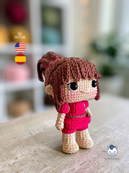 Handmade Chihiro and Kaonashi amigurumi inspired by Spirited Away, cute crochet pattern PDF for anime fans and Studio Ghibli lovers