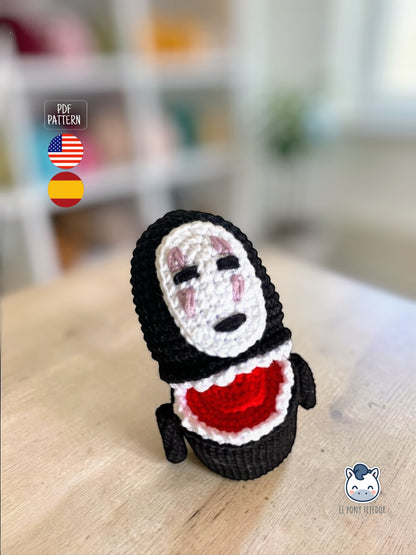 Handmade Chihiro and Kaonashi amigurumi inspired by Spirited Away, cute crochet pattern PDF for anime fans and Studio Ghibli lovers