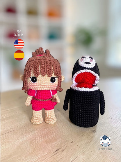 Handmade Chihiro and Kaonashi amigurumi inspired by Spirited Away, cute crochet pattern PDF for anime fans and Studio Ghibli lovers