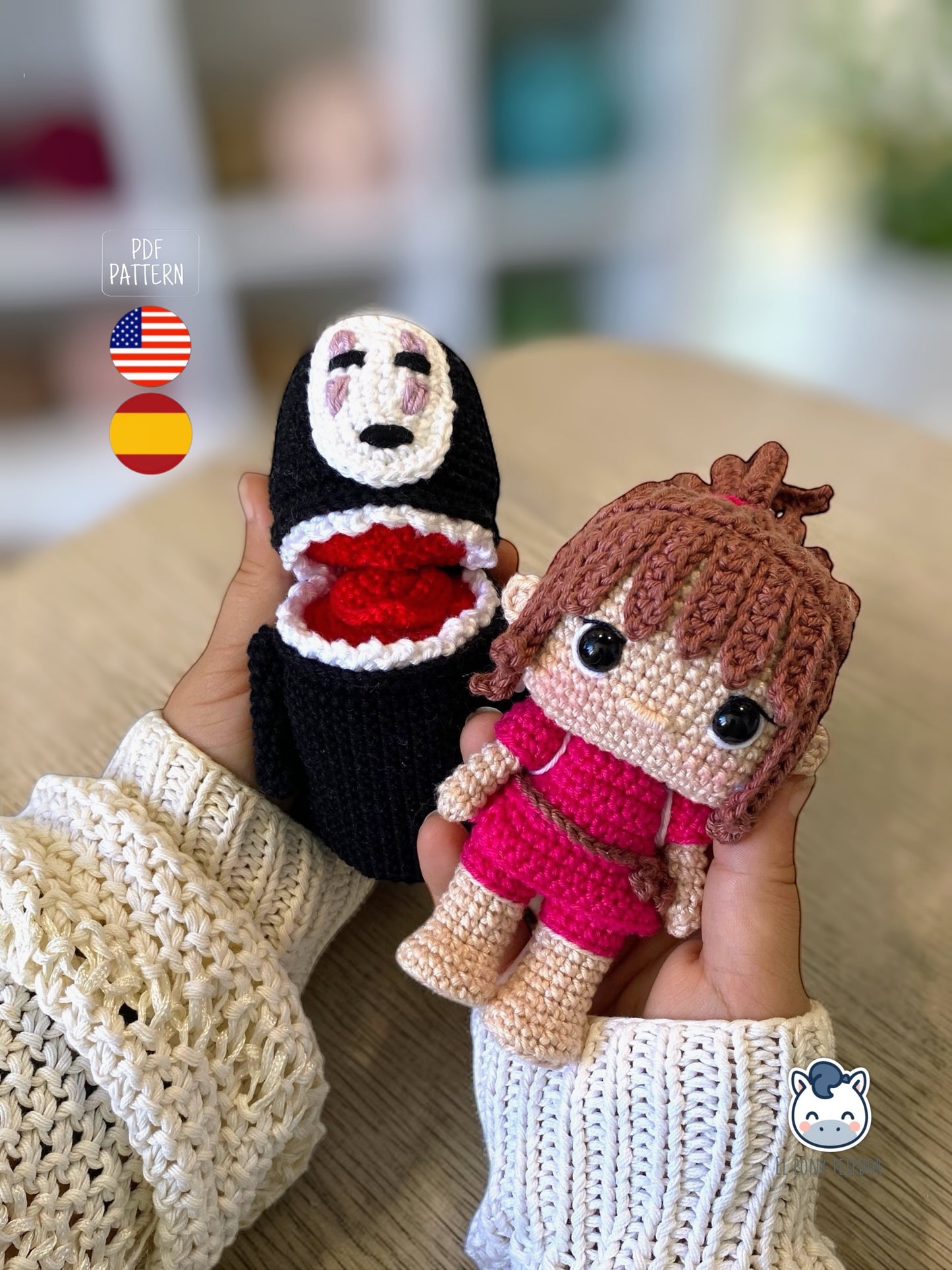 Handmade Chihiro and Kaonashi amigurumi inspired by Spirited Away, cute crochet pattern PDF for anime fans and Studio Ghibli lovers