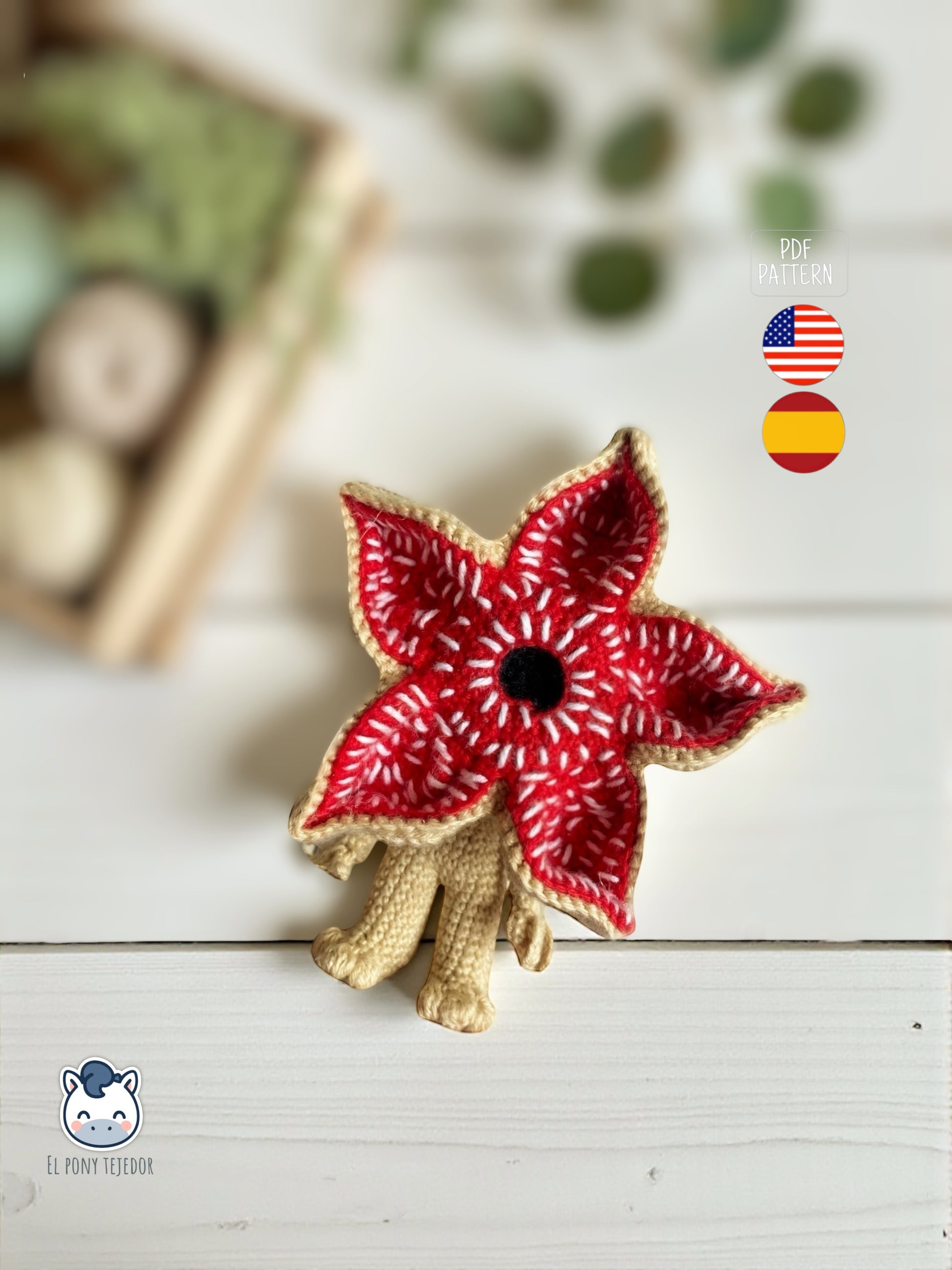 Amigurumi de Demogorgon hecho a mano, inspirado en Stranger Things, un patrón de crochet PDF ideal para fans del terror y coleccionistas geek.