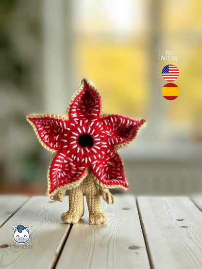 Amigurumi de Demogorgon hecho a mano, inspirado en Stranger Things, un patrón de crochet PDF ideal para fans del terror y coleccionistas geek.