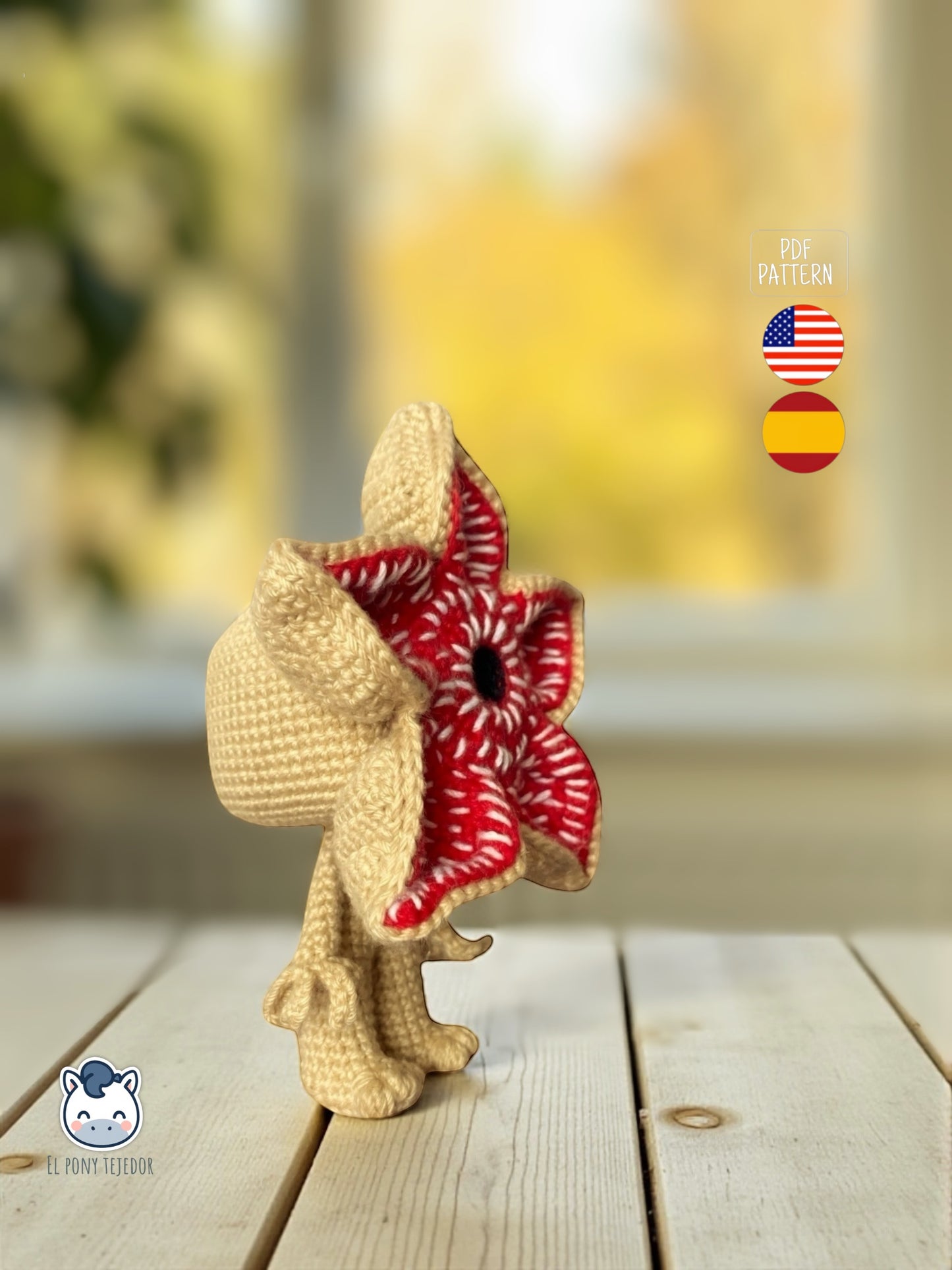 Amigurumi de Demogorgon hecho a mano, inspirado en Stranger Things, un patrón de crochet PDF ideal para fans del terror y coleccionistas geek.