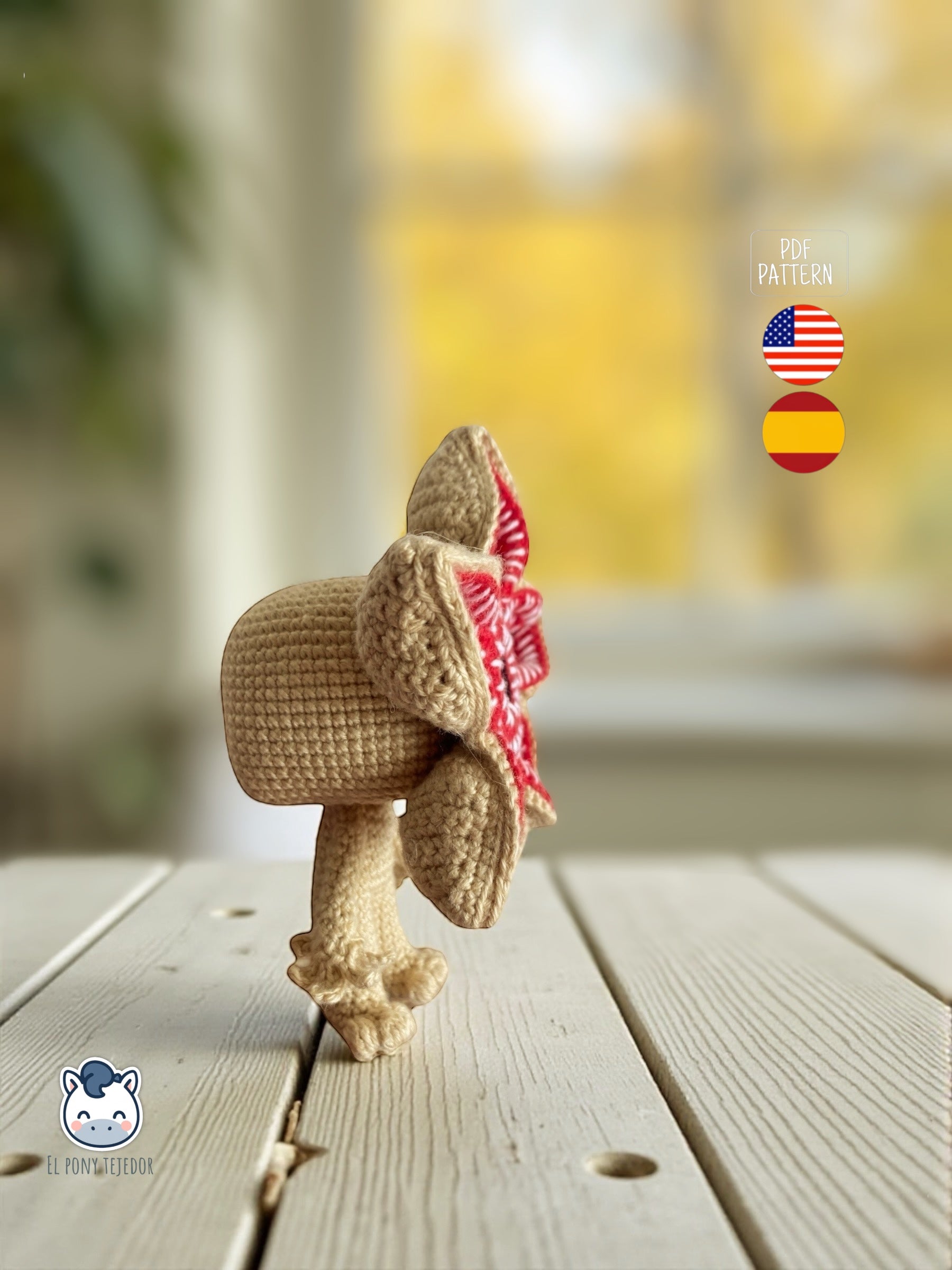 Amigurumi de Demogorgon hecho a mano, inspirado en Stranger Things, un patrón de crochet PDF ideal para fans del terror y coleccionistas geek.