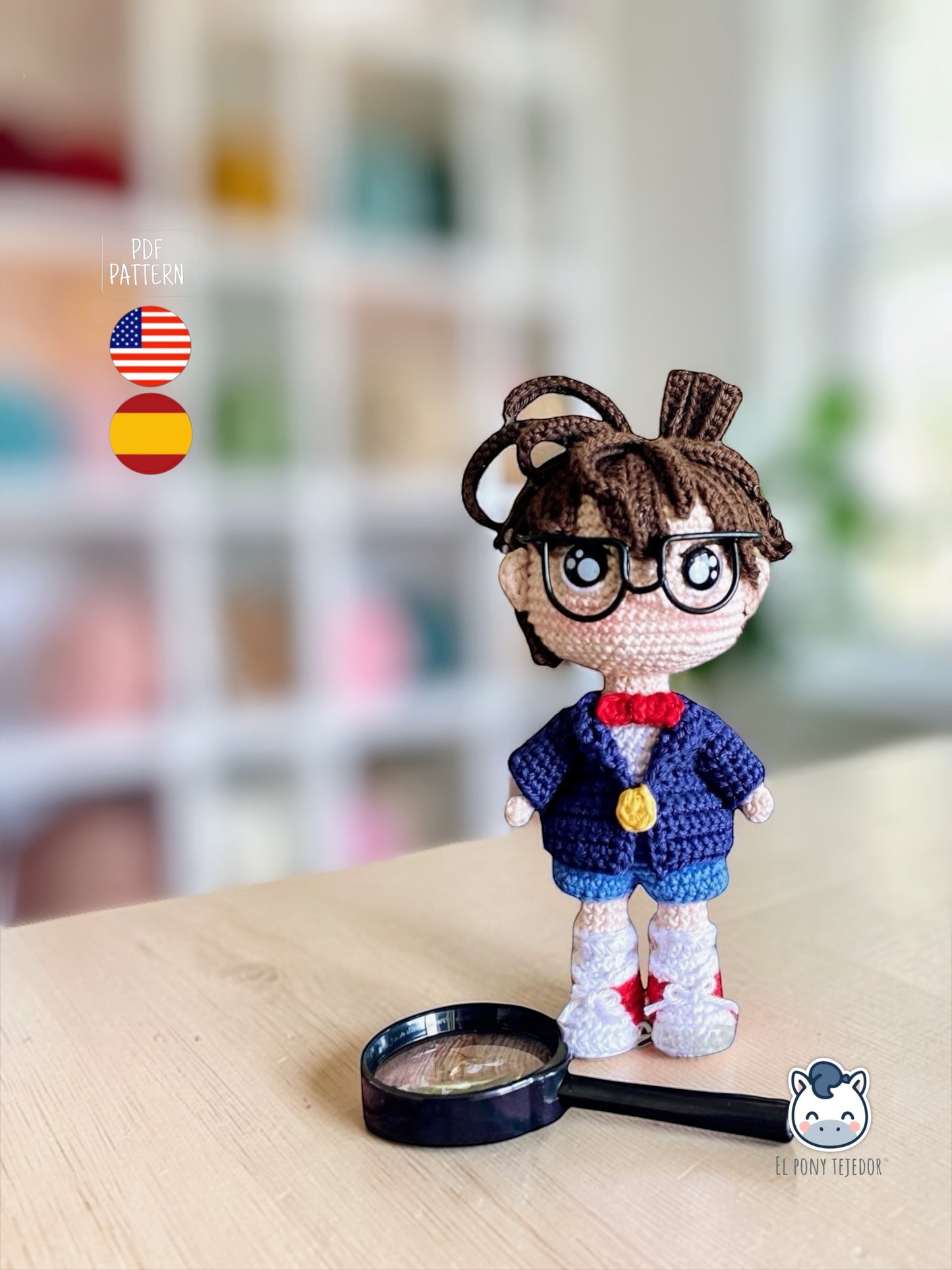 Detective Conan amigurumi tejido a crochet, patrón PDF inspirado en el famoso personaje del anime, handmade geek amigurumi plush para fans del manga y el anime