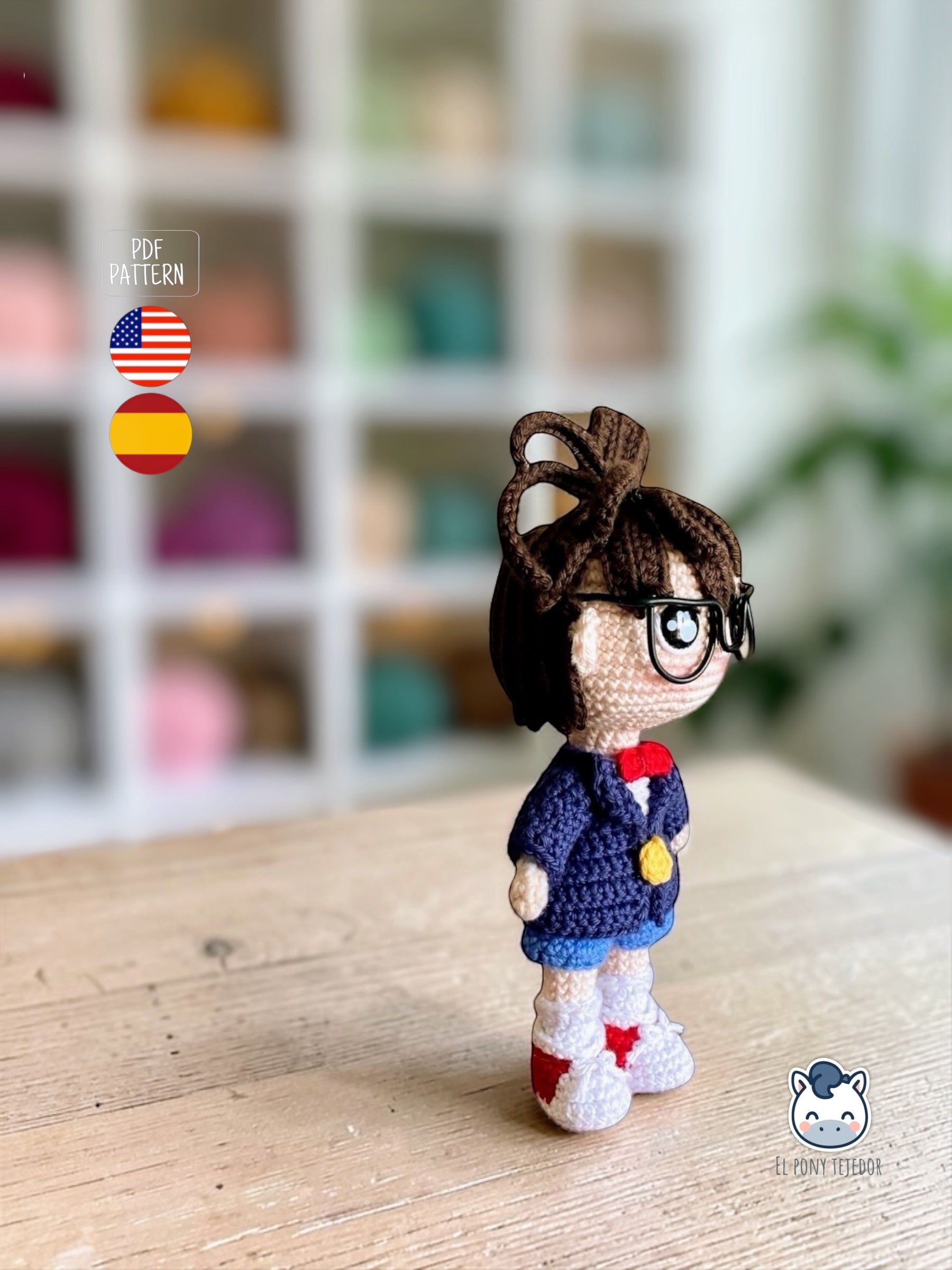Detective Conan amigurumi tejido a crochet, patrón PDF inspirado en el famoso personaje del anime, handmade geek amigurumi plush para fans del manga y el anime