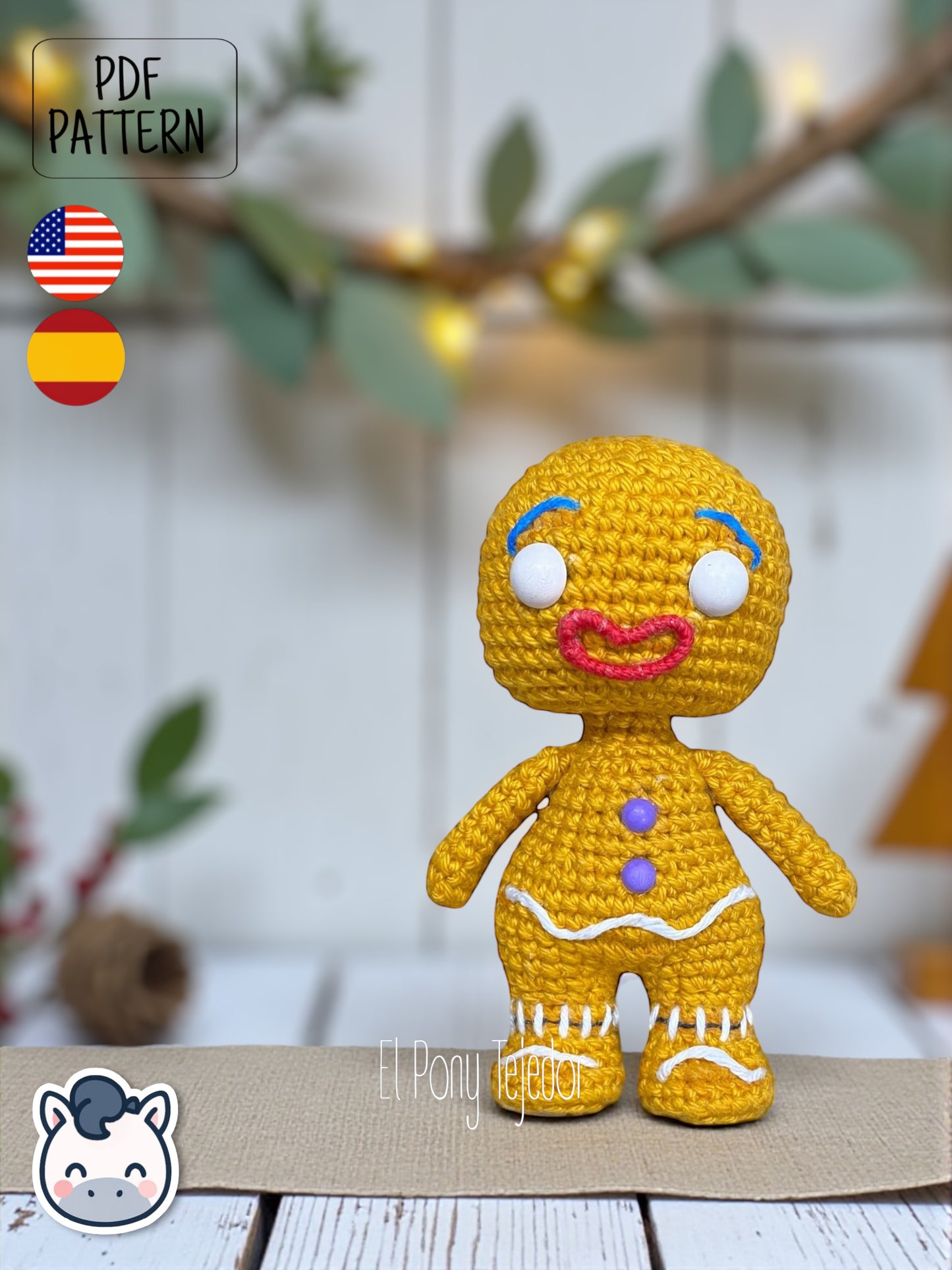 Patrón Gratis de ganchillo amigurumi de la Galleta de Jengibre de Shrek con botones morados y detalles de glaseado blanco. Amigurumi crochet free pattern of the Shrek Gingerbread Man with purple gumdrop buttons and white icing details.