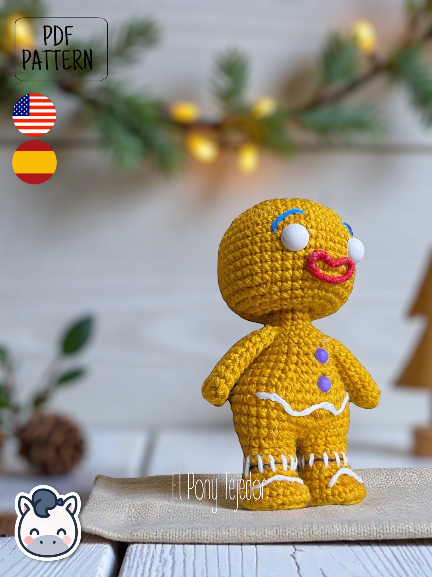 Patrón Gratis de ganchillo amigurumi de la Galleta de Jengibre de Shrek con botones morados y detalles de glaseado blanco. Amigurumi crochet free pattern of the Shrek Gingerbread Man with purple gumdrop buttons and white icing details.