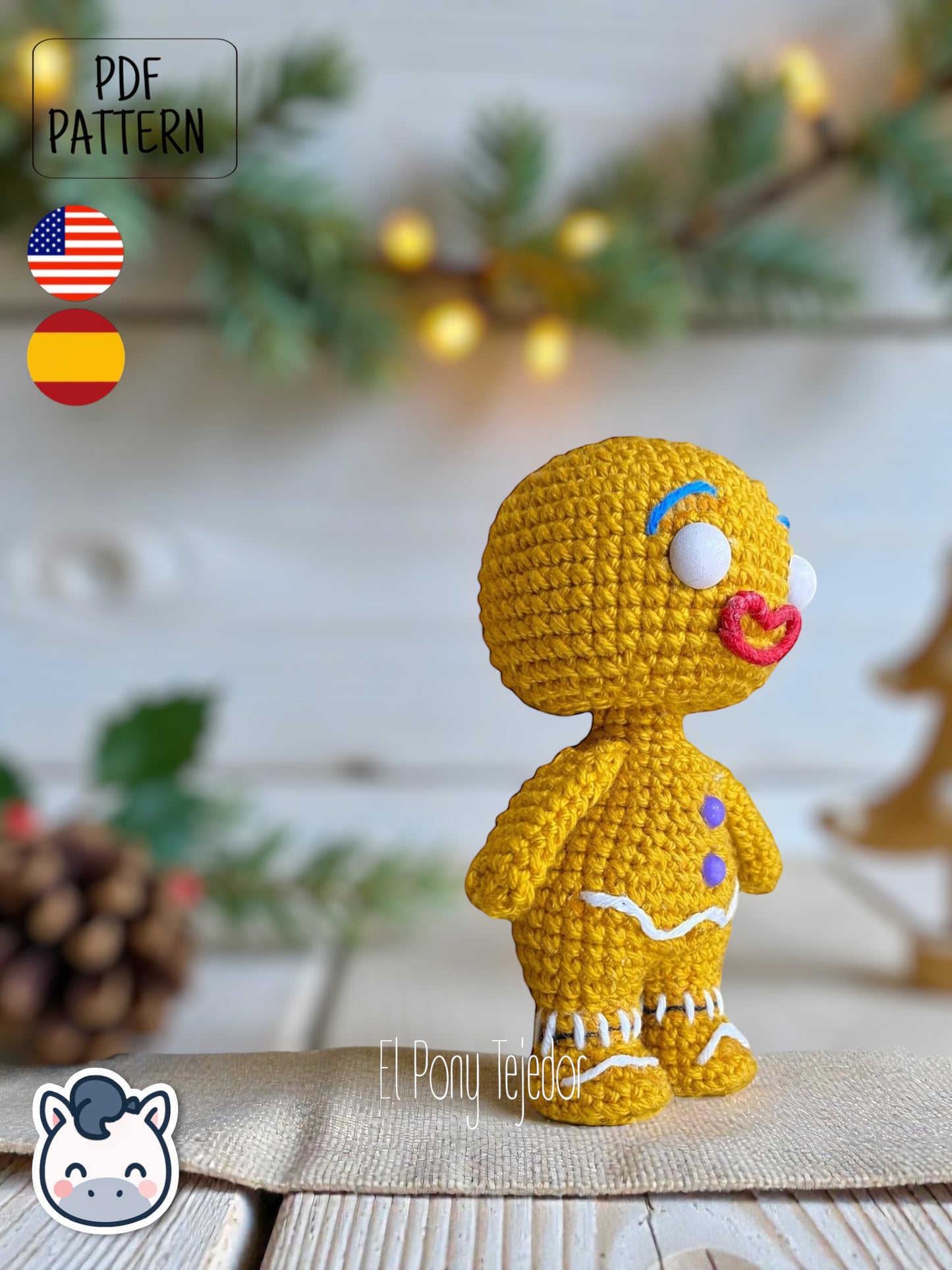 Patrón Gratis de ganchillo amigurumi de la Galleta de Jengibre de Shrek con botones morados y detalles de glaseado blanco. Amigurumi crochet free pattern of the Shrek Gingerbread Man with purple gumdrop buttons and white icing details.