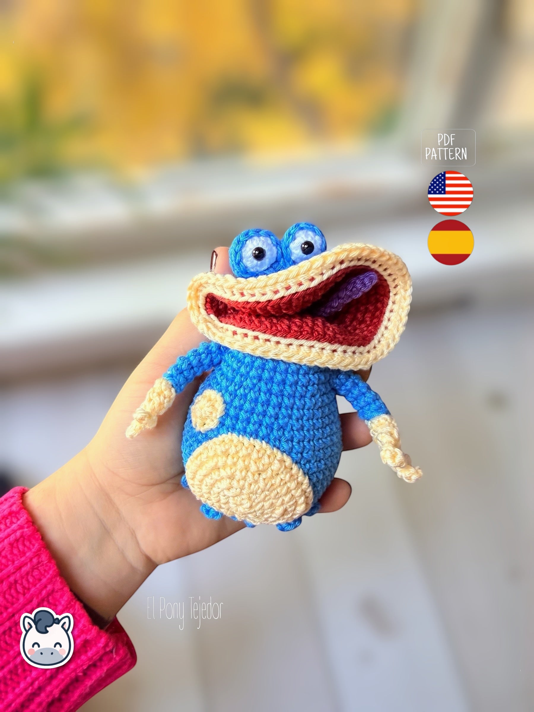 Amigurumi Globox tejido a mano inspirado en Rayman, muñeco azul de crochet con diseño kawaii y estilo geek, patrón PDF ideal para fans de los videojuegos clásicos y coleccionistas | Handmade Globox amigurumi inspired by Rayman, blue crochet character with a cute geek design, perfect PDF pattern for video game fans and Funko-style plush lovers