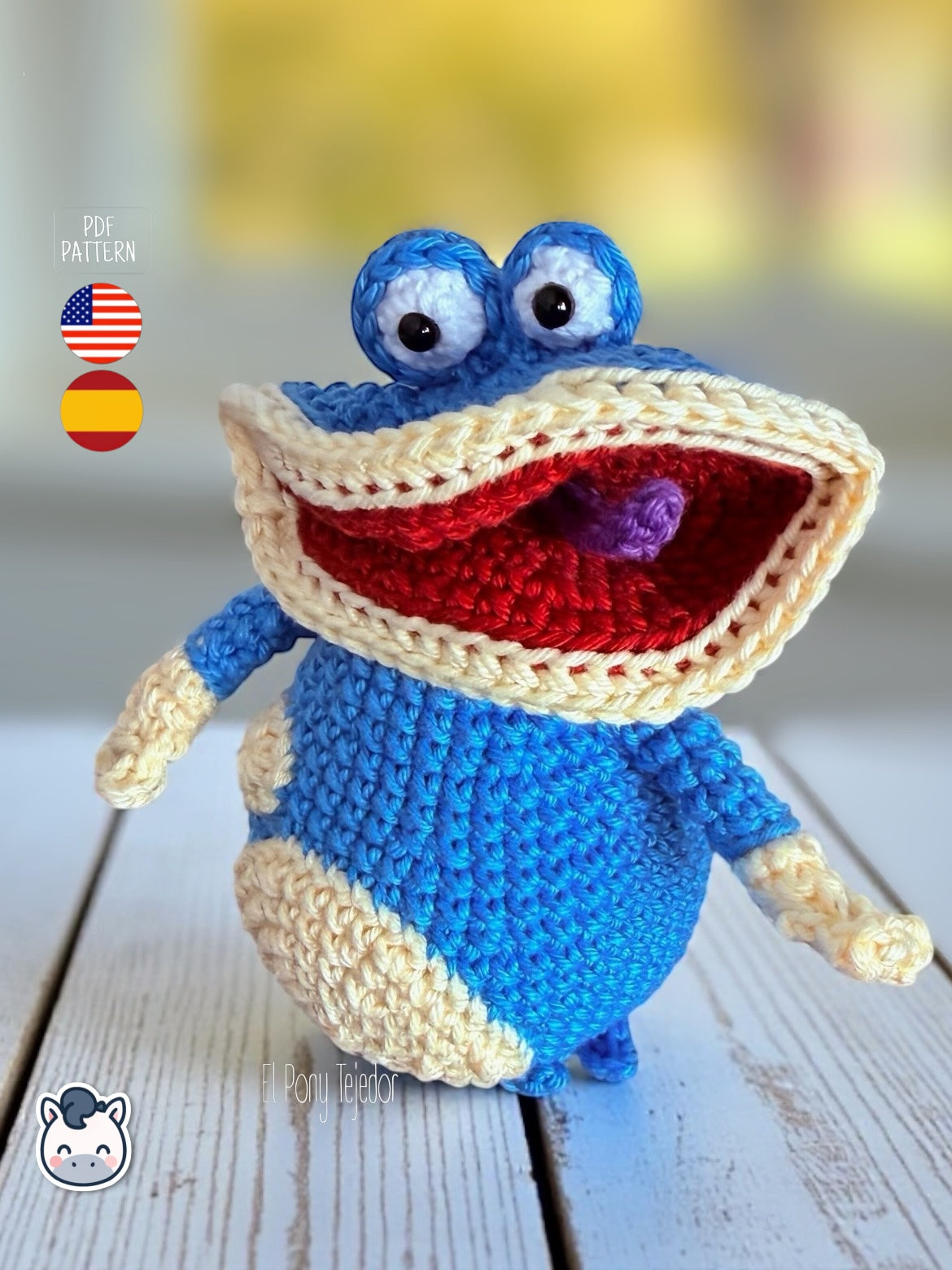Amigurumi Globox tejido a mano inspirado en Rayman, muñeco azul de crochet con diseño kawaii y estilo geek, patrón PDF ideal para fans de los videojuegos clásicos y coleccionistas | Handmade Globox amigurumi inspired by Rayman, blue crochet character with a cute geek design, perfect PDF pattern for video game fans and Funko-style plush lovers