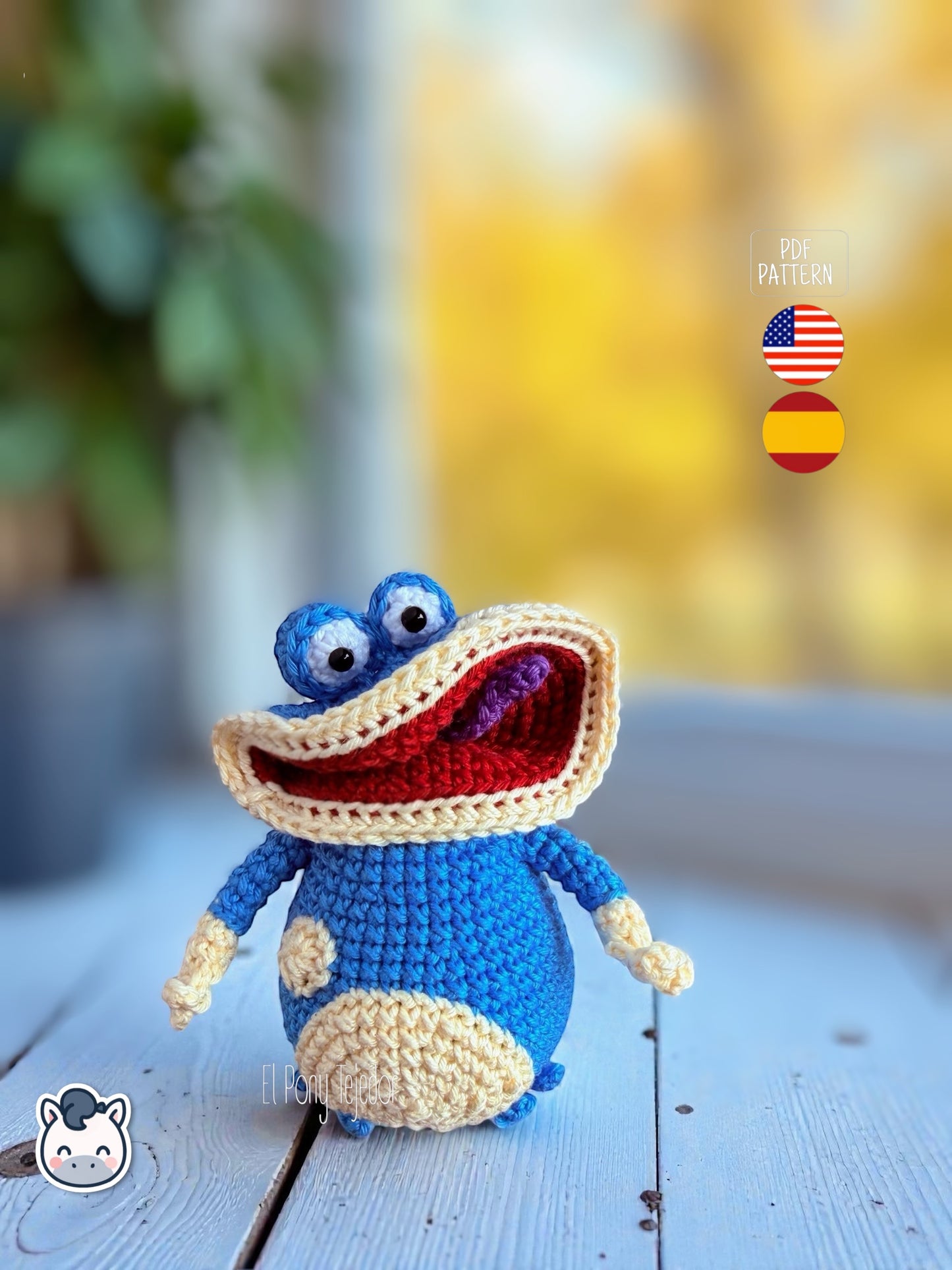 Amigurumi Globox tejido a mano inspirado en Rayman, muñeco azul de crochet con diseño kawaii y estilo geek, patrón PDF ideal para fans de los videojuegos clásicos y coleccionistas | Handmade Globox amigurumi inspired by Rayman, blue crochet character with a cute geek design, perfect PDF pattern for video game fans and Funko-style plush lovers