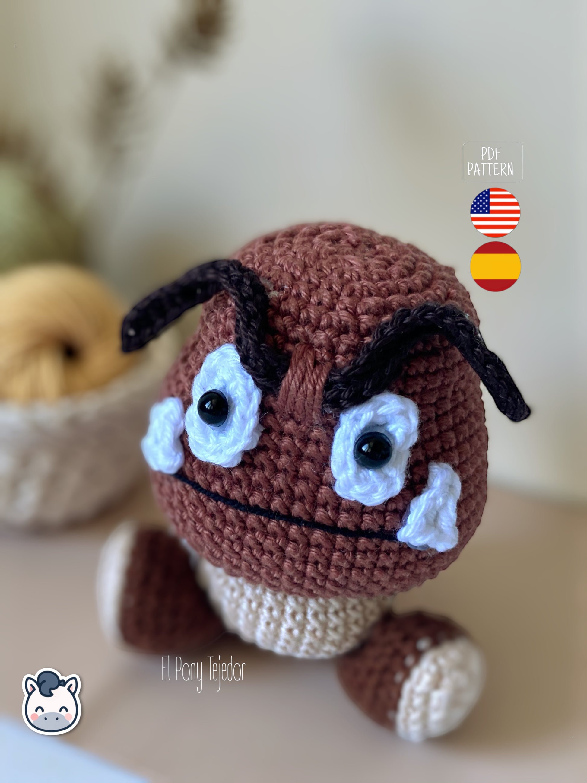 Amigurumi Goomba inspirado en Super Mario Bros, tejido a mano en ganchillo, un patrón PDF perfecto para fans de Nintendo y los videojuegos retro.