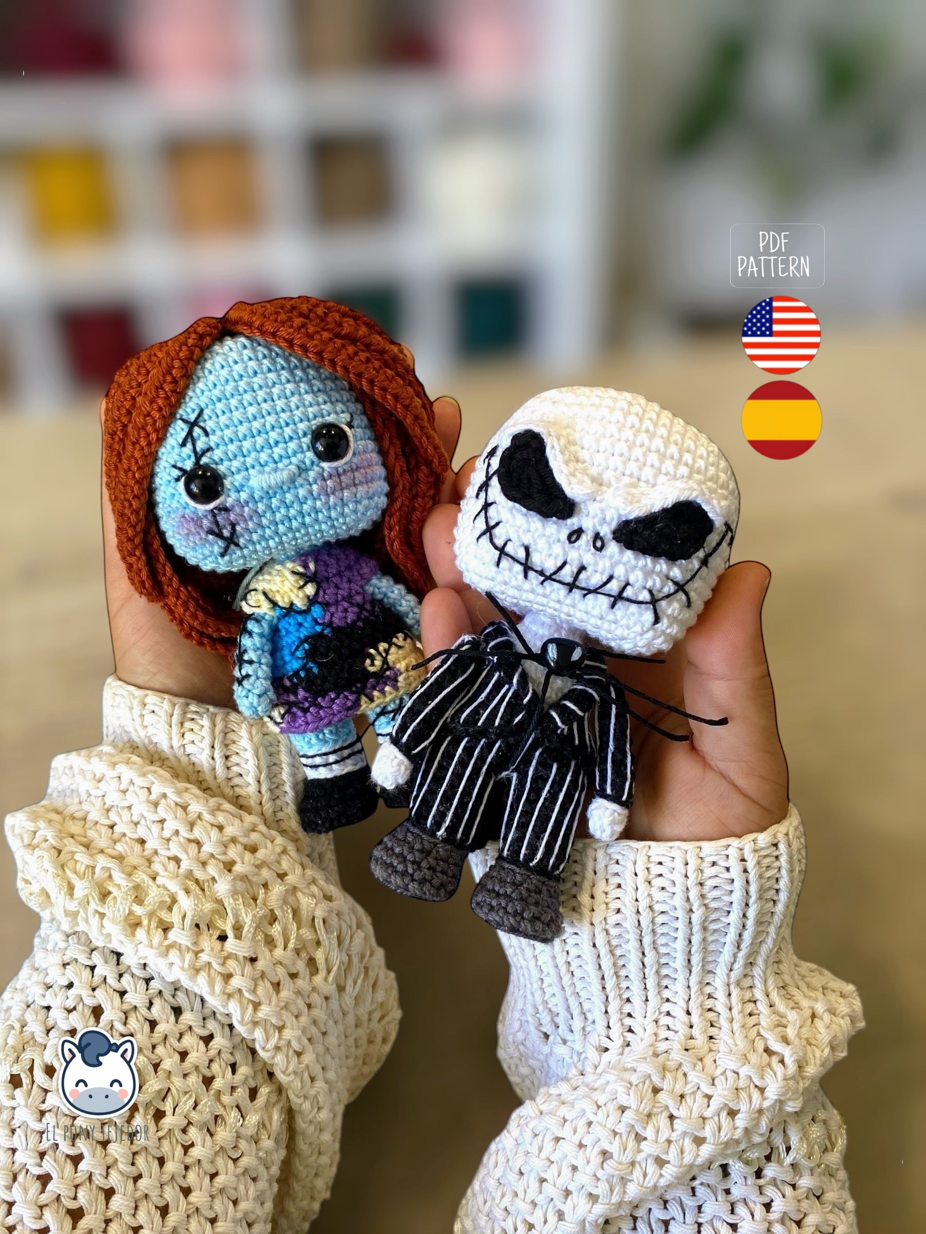 Amigurumi de Jack Skellington y Sally inspirado en Pesadilla antes de Navidad, un patrón de crochet PDF ideal para fans de Tim Burton y del estilo geek y Halloween.