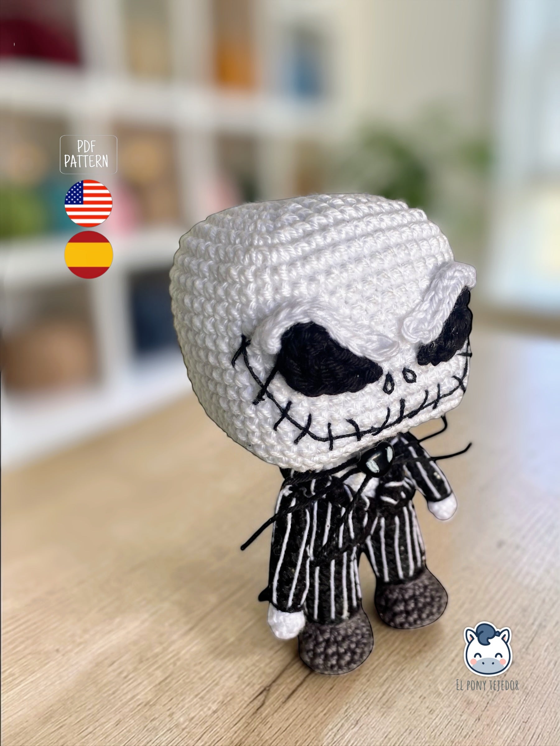 Amigurumi de Jack Skellington y Sally inspirado en Pesadilla antes de Navidad, un patrón de crochet PDF ideal para fans de Tim Burton y del estilo geek y Halloween.