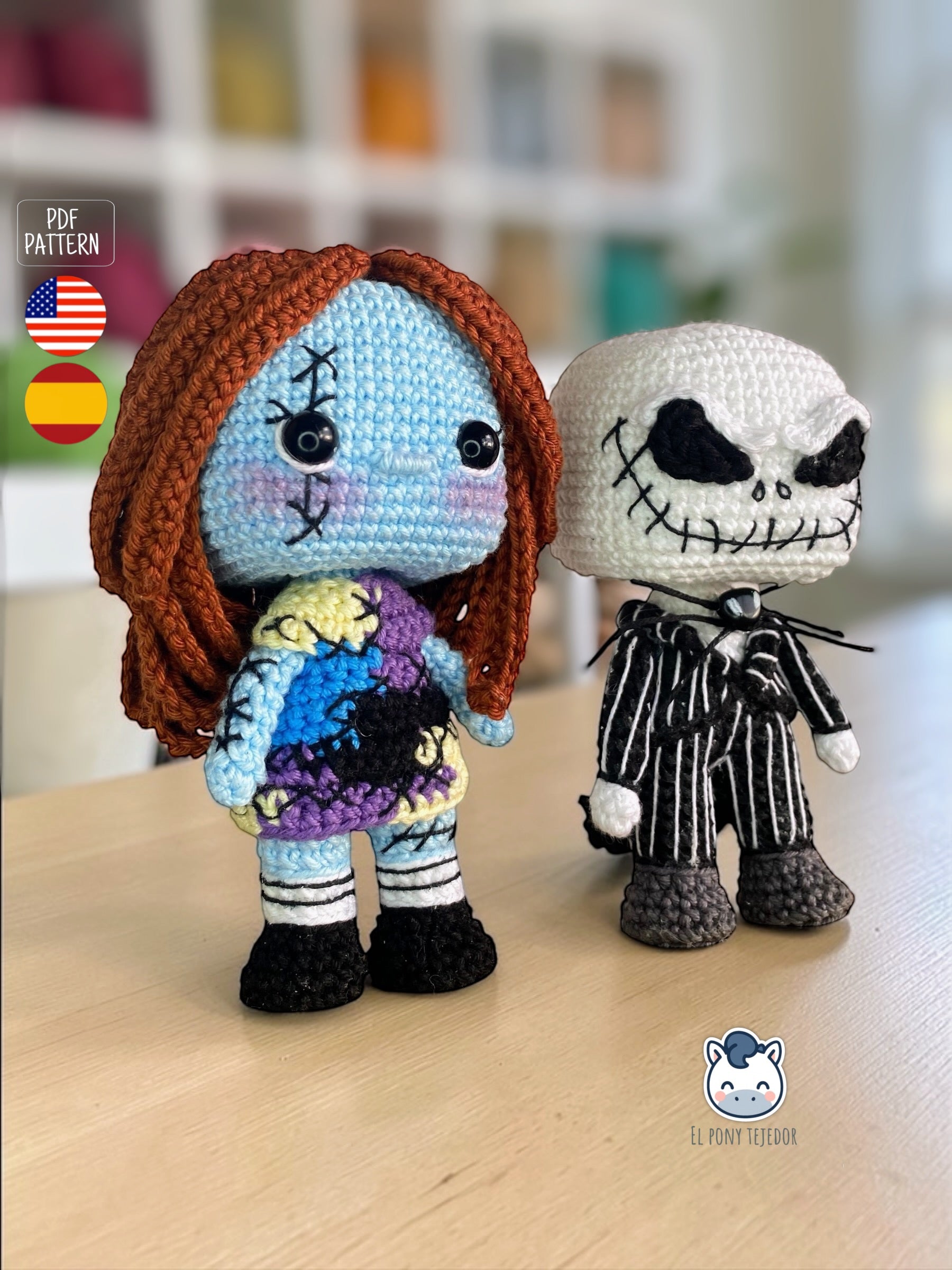 Amigurumi de Jack Skellington y Sally inspirado en Pesadilla antes de Navidad, un patrón de crochet PDF ideal para fans de Tim Burton y del estilo geek y Halloween.