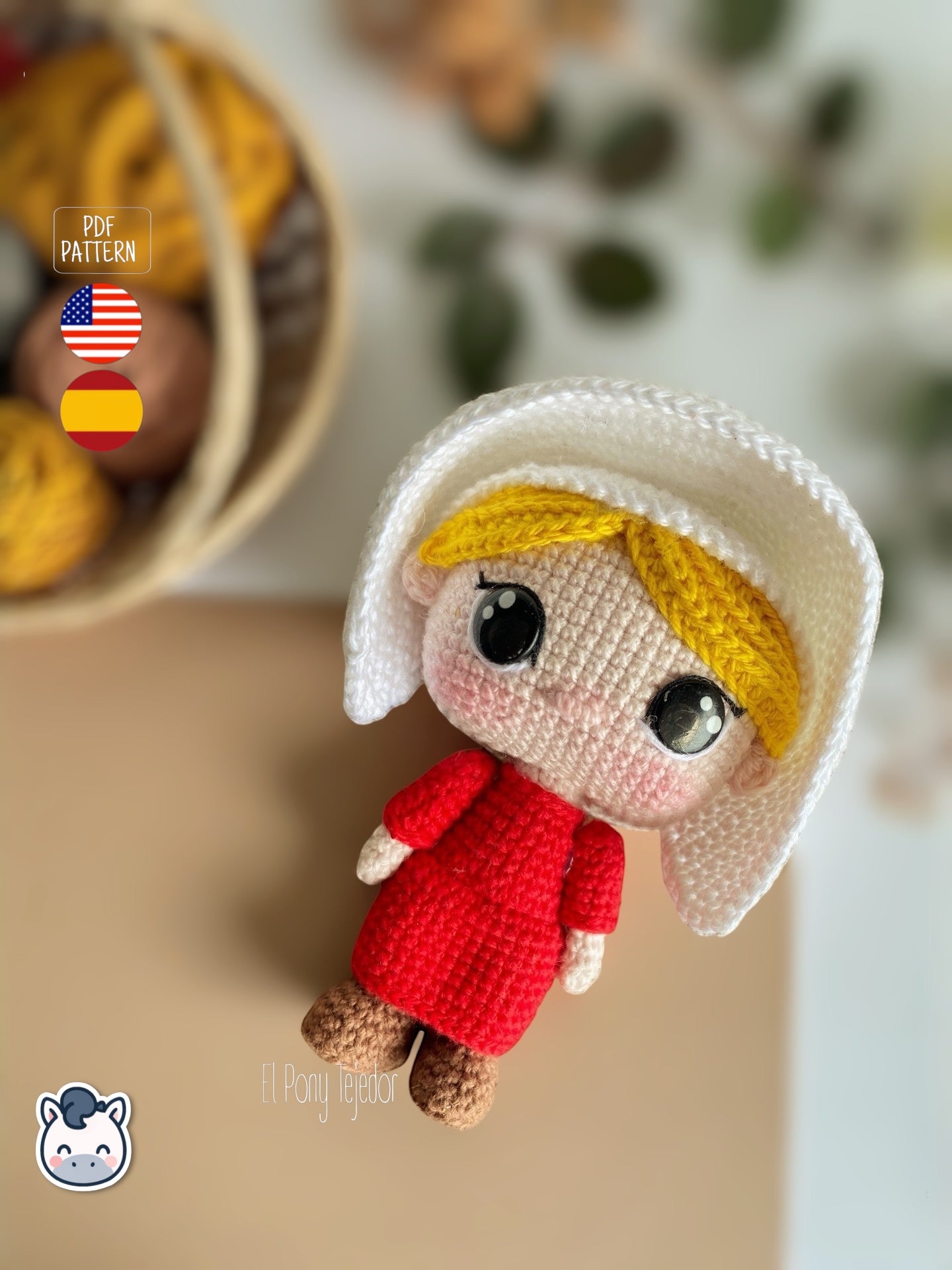 Patrón de ganchillo amigurumi de June del cuento de la criada con vestido rojo y cofia blanca, muñeca tejida a crochet.