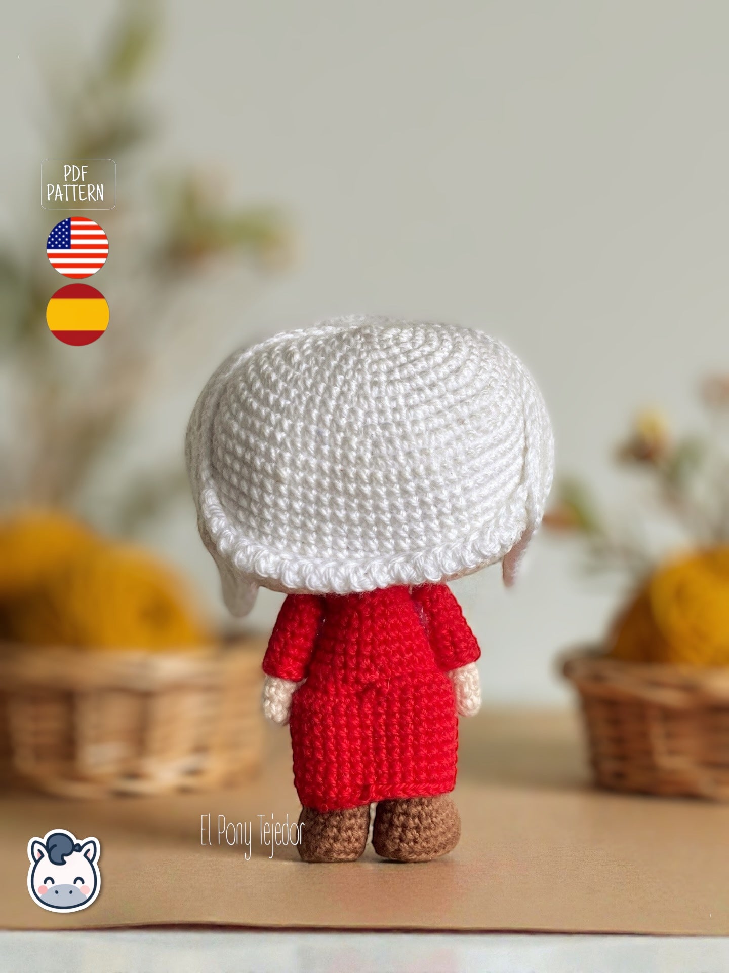 Patrón de ganchillo amigurumi de June del cuento de la criada con vestido rojo y cofia blanca, muñeca tejida a crochet.