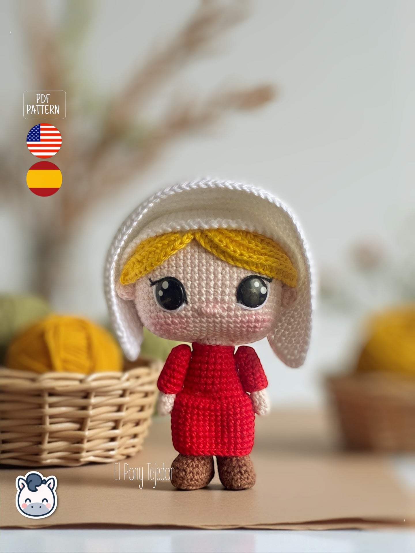 Patrón de ganchillo amigurumi de June del cuento de la criada con vestido rojo y cofia blanca, muñeca tejida a crochet.