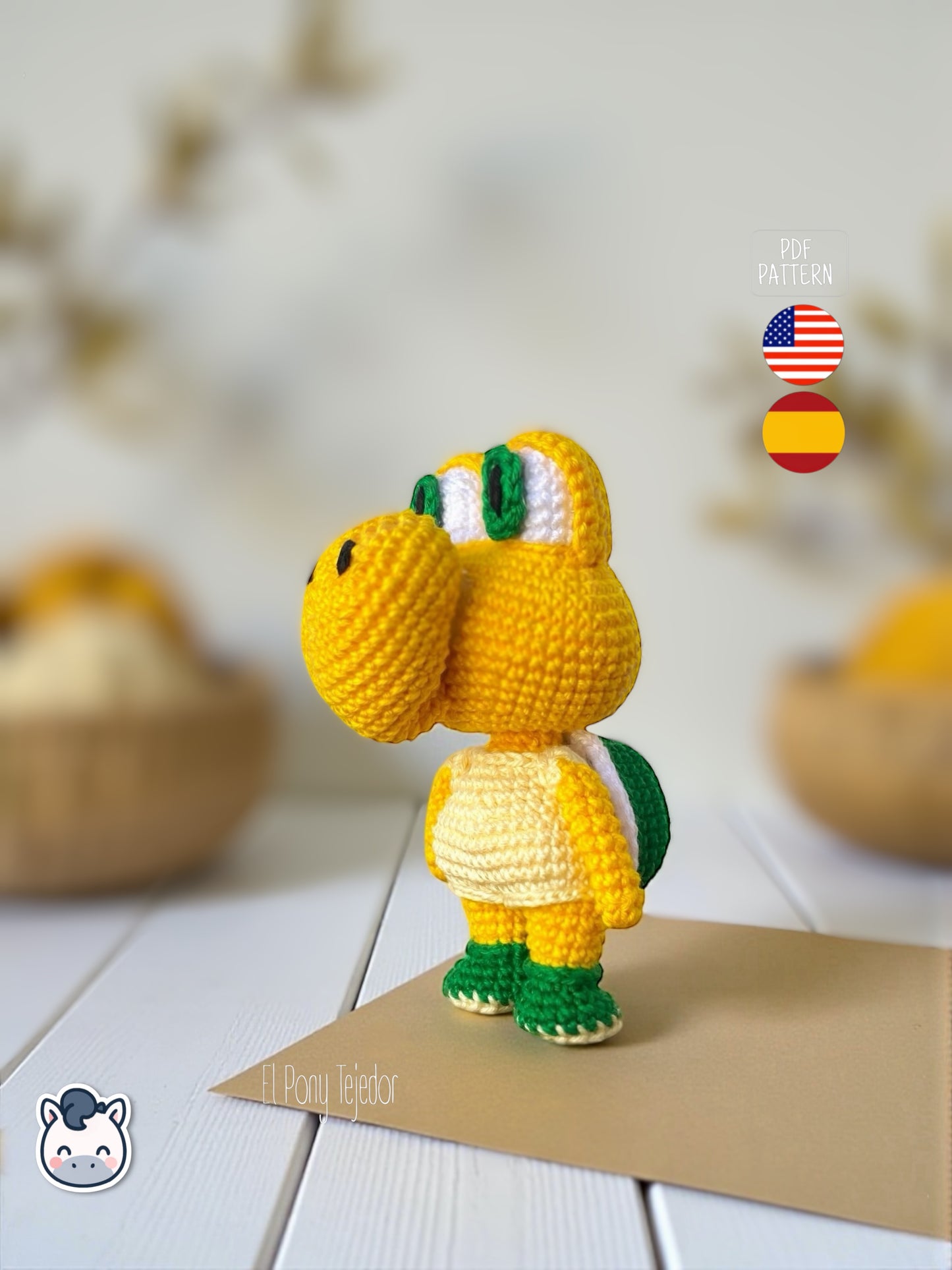 Amigurumi Koopa inspirado en Super Mario Bros tejido a mano, un patrón de crochet PDF geek y kawaii perfecto para fans de los videojuegos clásicos y muñecos estilo Funko.