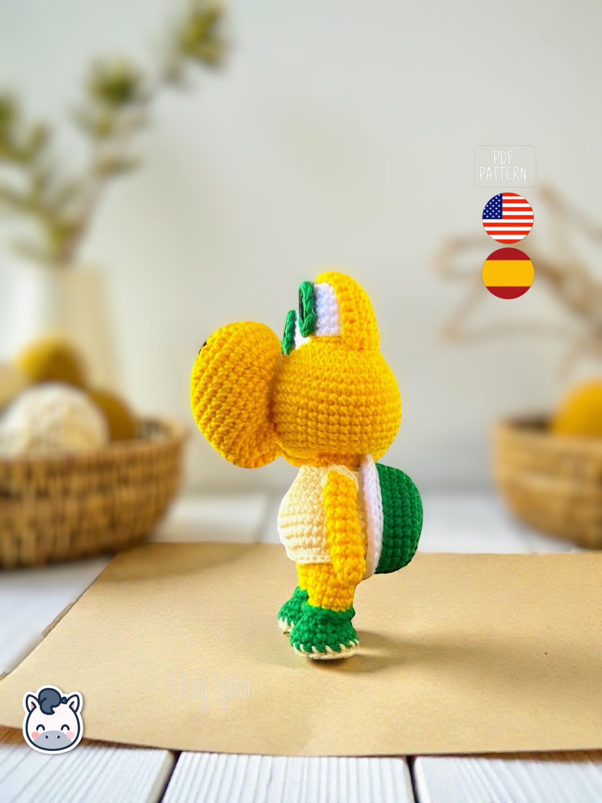 Amigurumi Koopa inspirado en Super Mario Bros tejido a mano, un patrón de crochet PDF geek y kawaii perfecto para fans de los videojuegos clásicos y muñecos estilo Funko.
