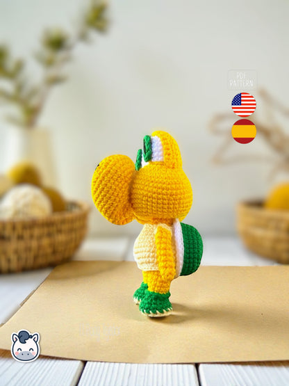 Amigurumi Koopa inspirado en Super Mario Bros tejido a mano, un patrón de crochet PDF geek y kawaii perfecto para fans de los videojuegos clásicos y muñecos estilo Funko.