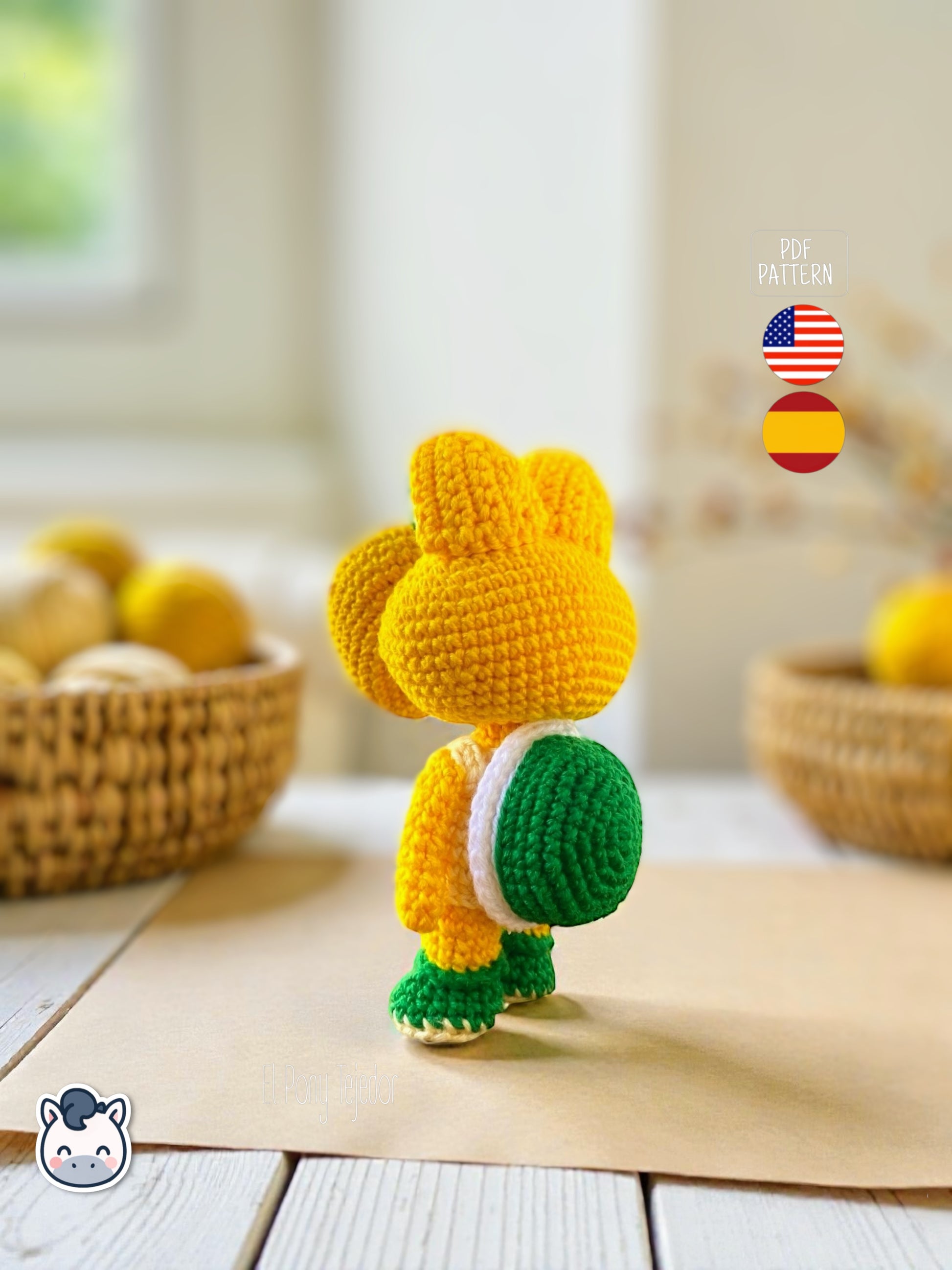 Amigurumi Koopa inspirado en Super Mario Bros tejido a mano, un patrón de crochet PDF geek y kawaii perfecto para fans de los videojuegos clásicos y muñecos estilo Funko.