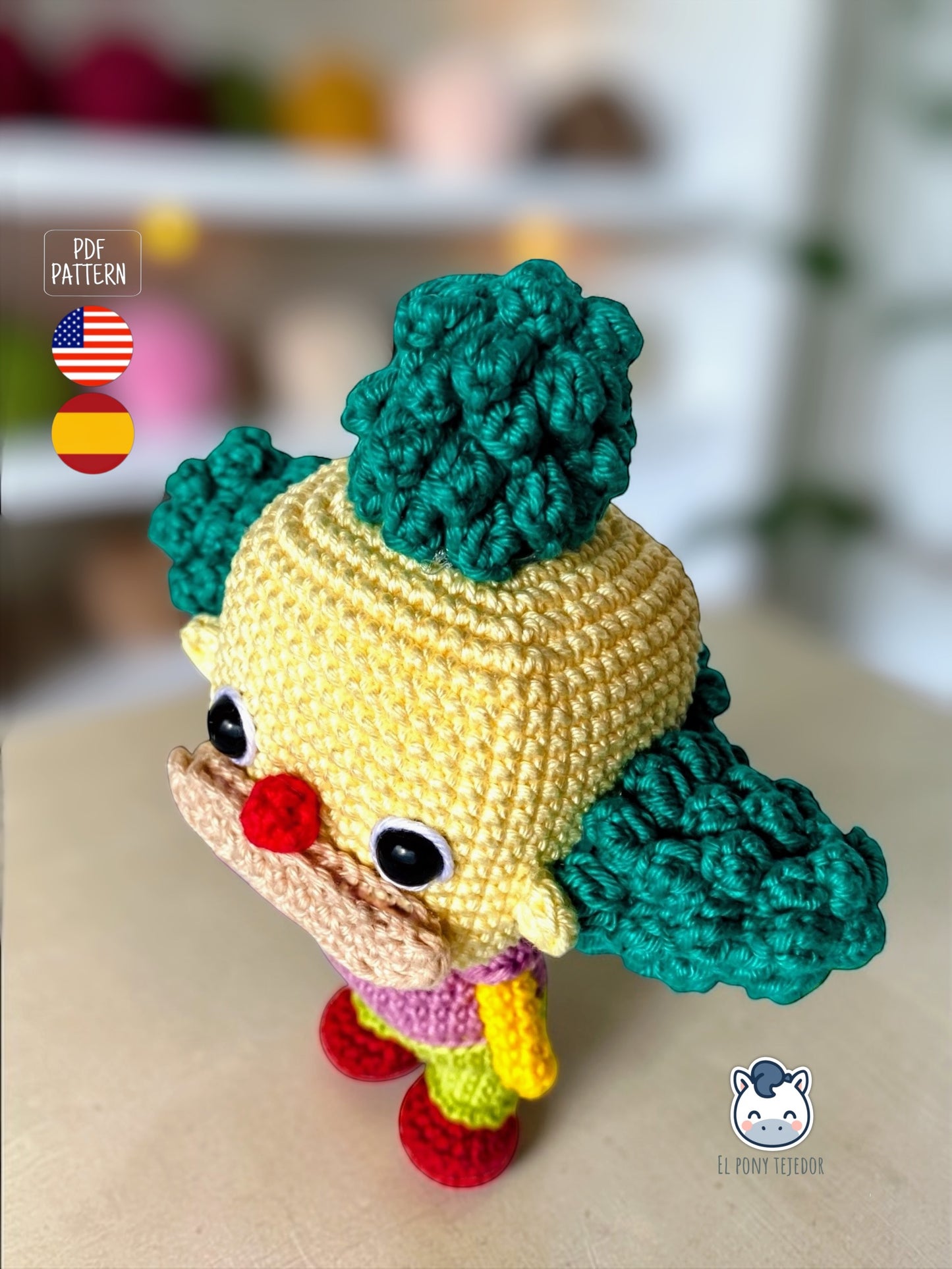 Amigurumi de Krusty el Payaso inspirado en Los Simpson, un patrón de ganchillo geek y colorido perfecto para fans de Springfield y muñecos estilo coleccionable.